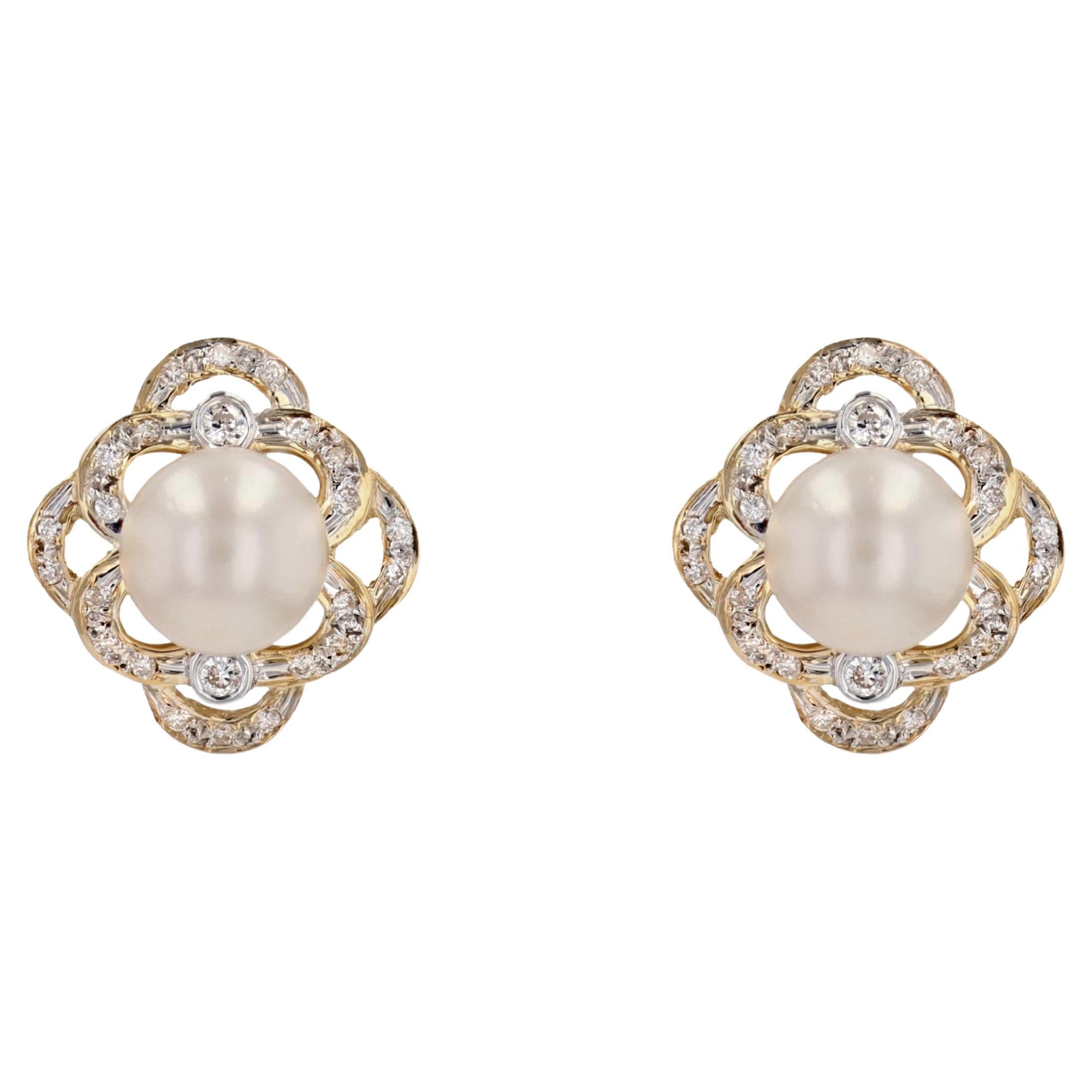 Modern Akoya Cultured Pearl Diamonds 18 Karat Yellow Gold Openwork Stud Earrings For Sale