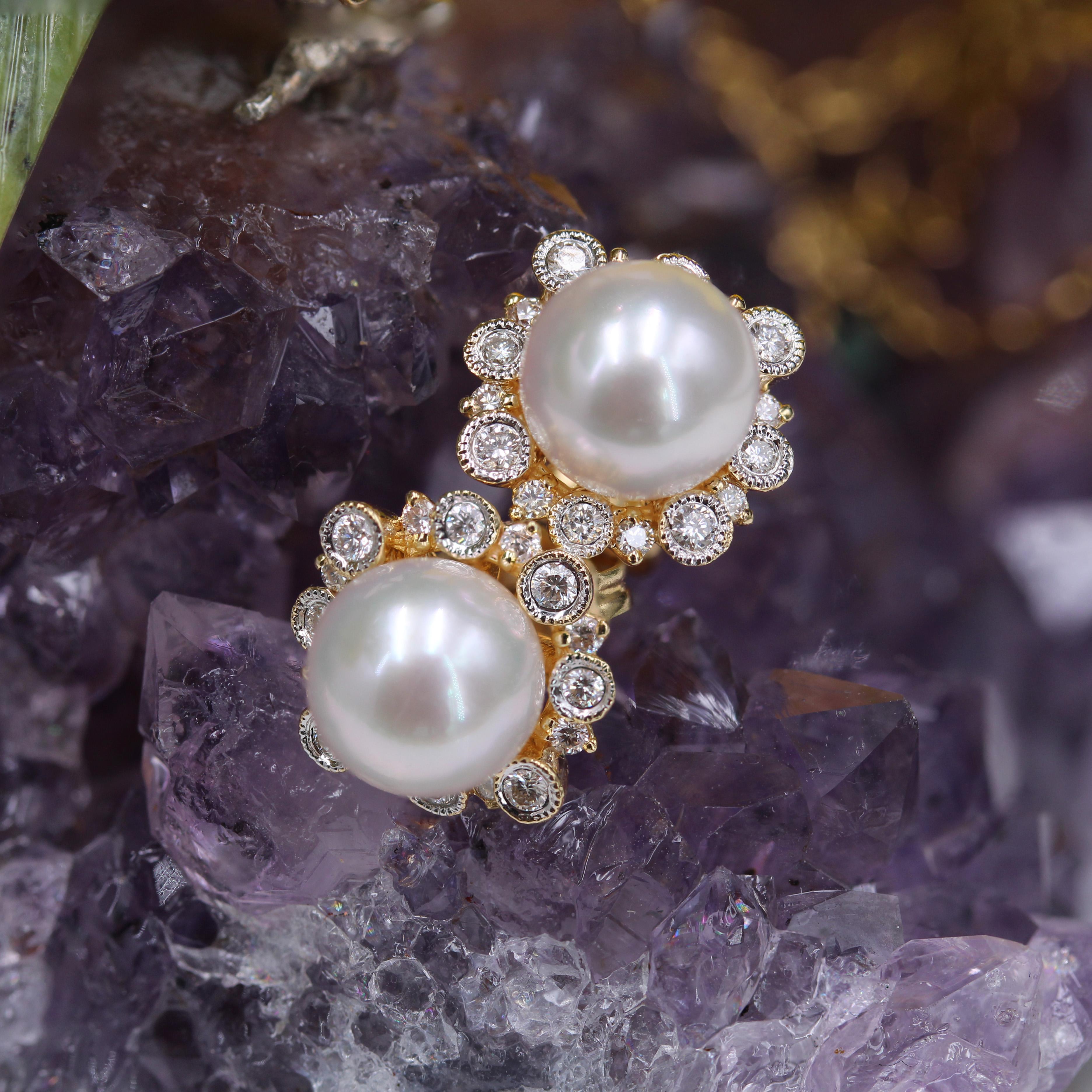 Brilliant Cut Modern Akoya Cultured Pearl Diamonds 18 Karat Yellow Gold Stud Earrings For Sale
