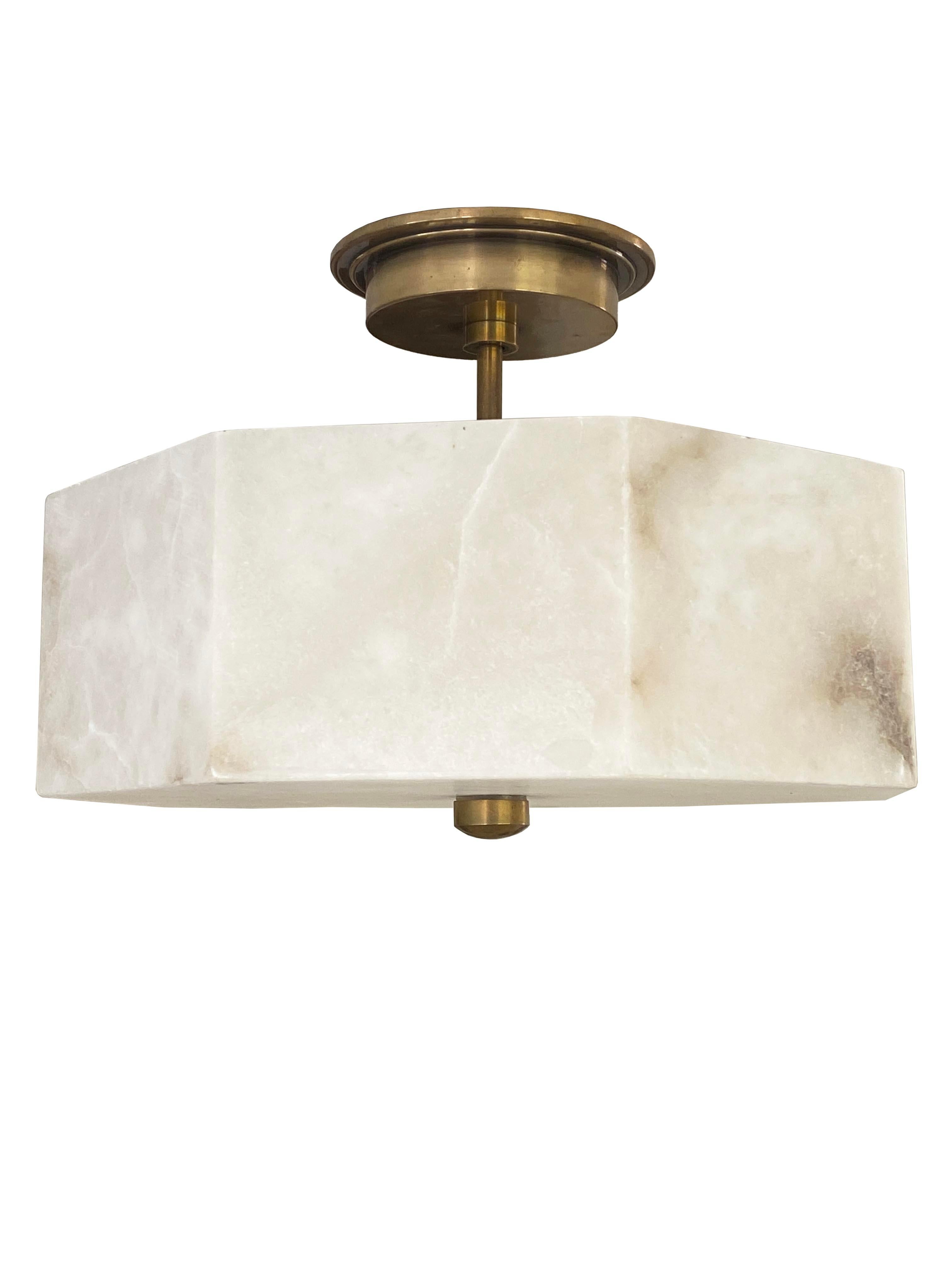 Modern Alabaster & Brass Flush Mount Ceiling Light In Good Condition For Sale In Scottsdale, AZ