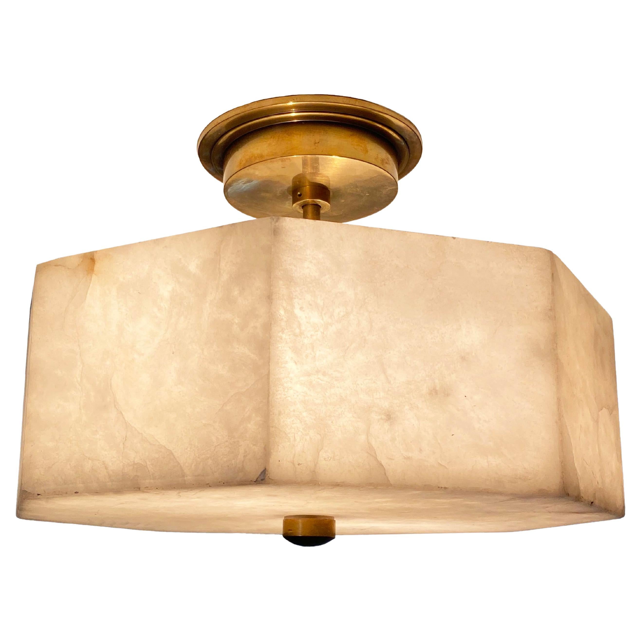 Modern Alabaster & Brass Flush Mount Ceiling Light For Sale