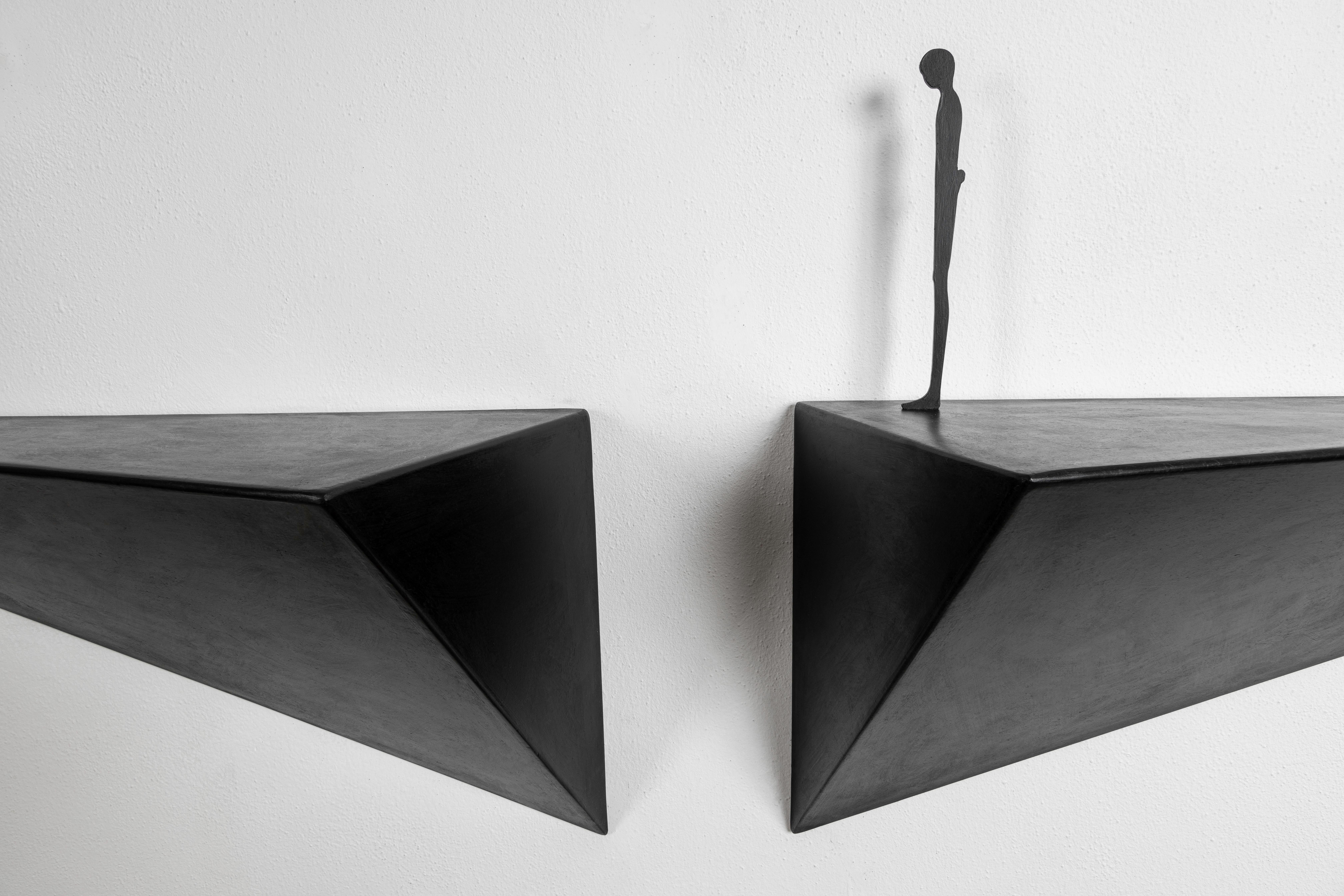 Italian Modern Alex Pinna for Dilmos Shelf Suspended Console Patinated Waxed Metal For Sale