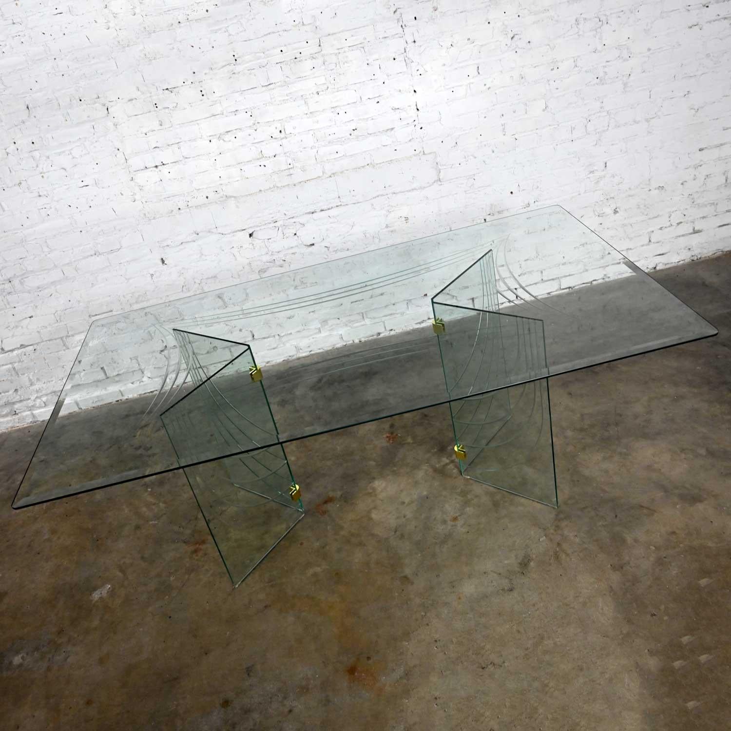 Unknown Modern All Glass Dining Table V Double Pedestal Base Style The Pace Collection For Sale