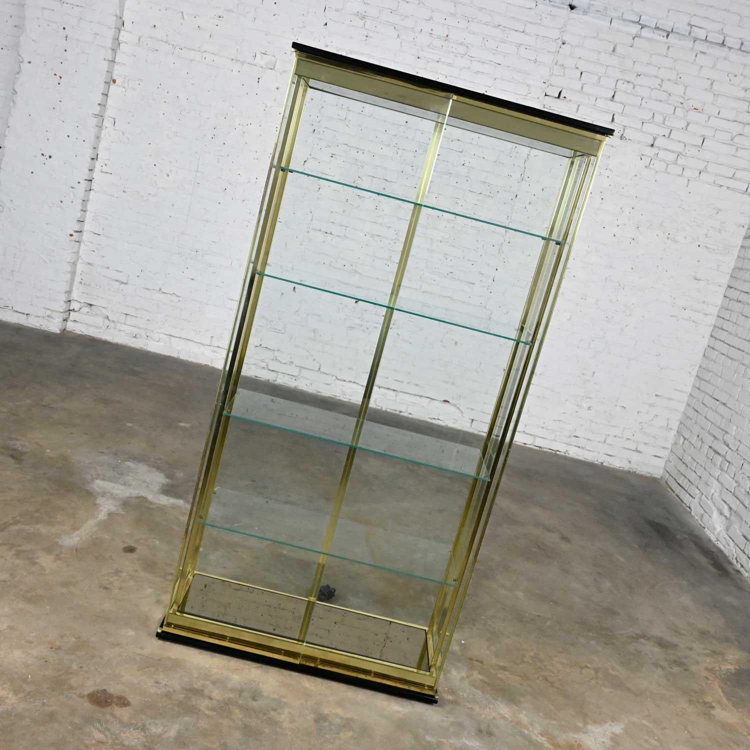 20th Century Modern All Glass Lighted Display Cabinet Brass Plated Framework by DIA