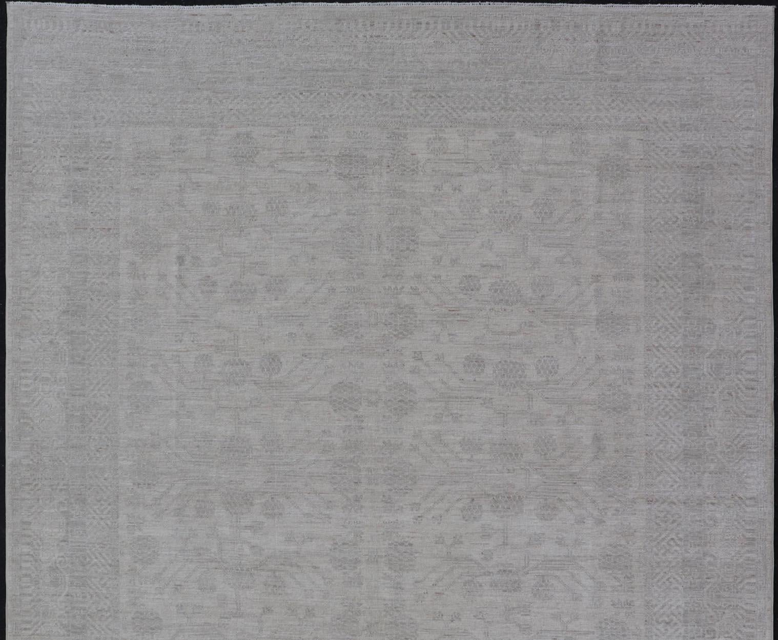 Contemporary Modern All-Over Floral Khotan with Light Gray Background And Neutral Colors  For Sale