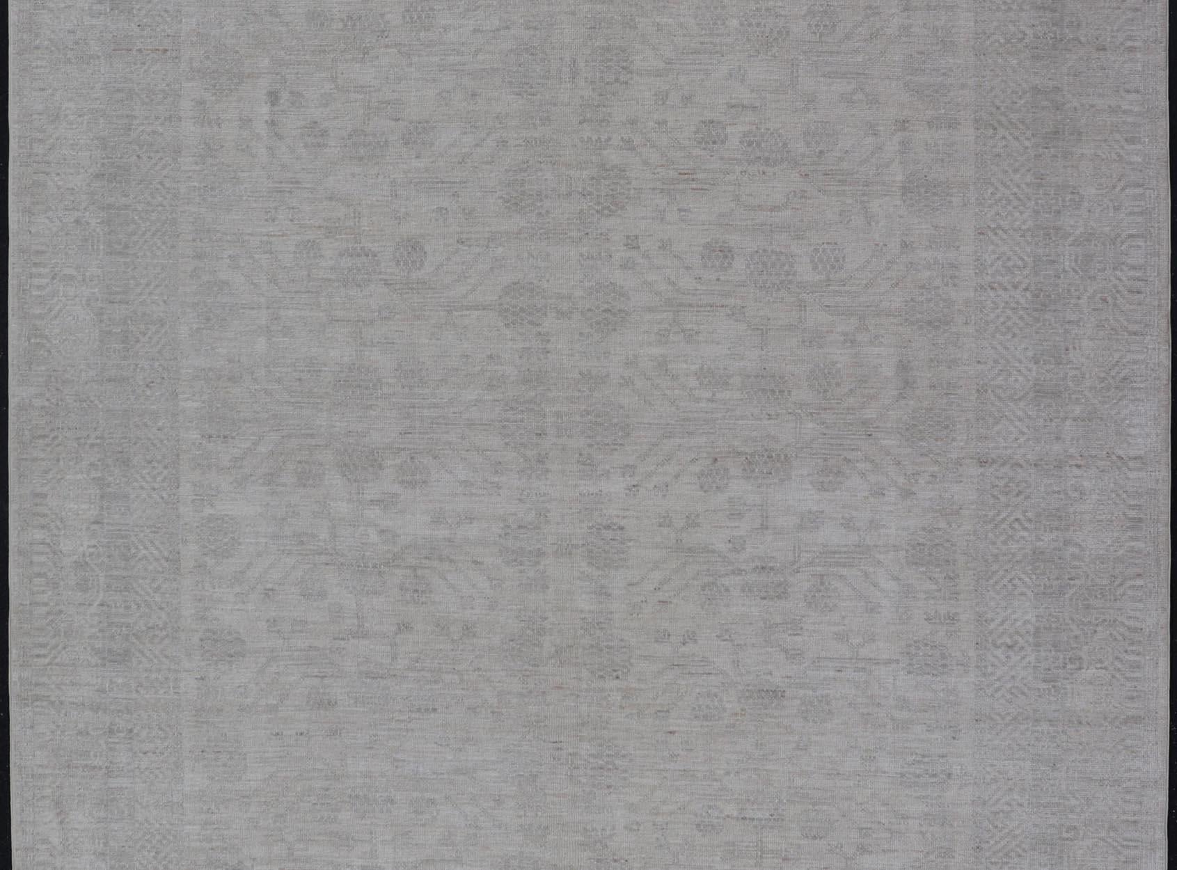Wool Modern All-Over Floral Khotan with Light Gray Background And Neutral Colors  For Sale