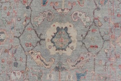 Modern All-Over Floral Oushak with a Light Blue-Gray Background and Multi-Color