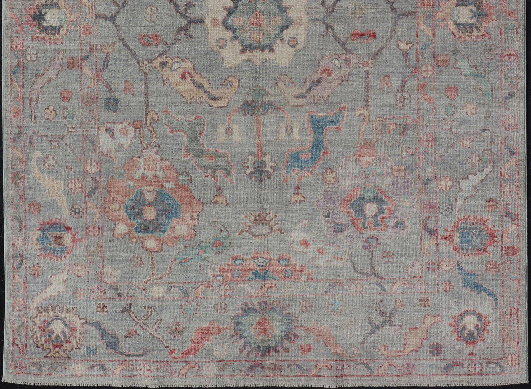 Modern All-Over Floral Oushak with a Light Blue-Gray Background and Multi-Color For Sale 2