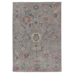 Modern All-Over Floral Oushak with a Light Blue-Gray Background and Multi-Color