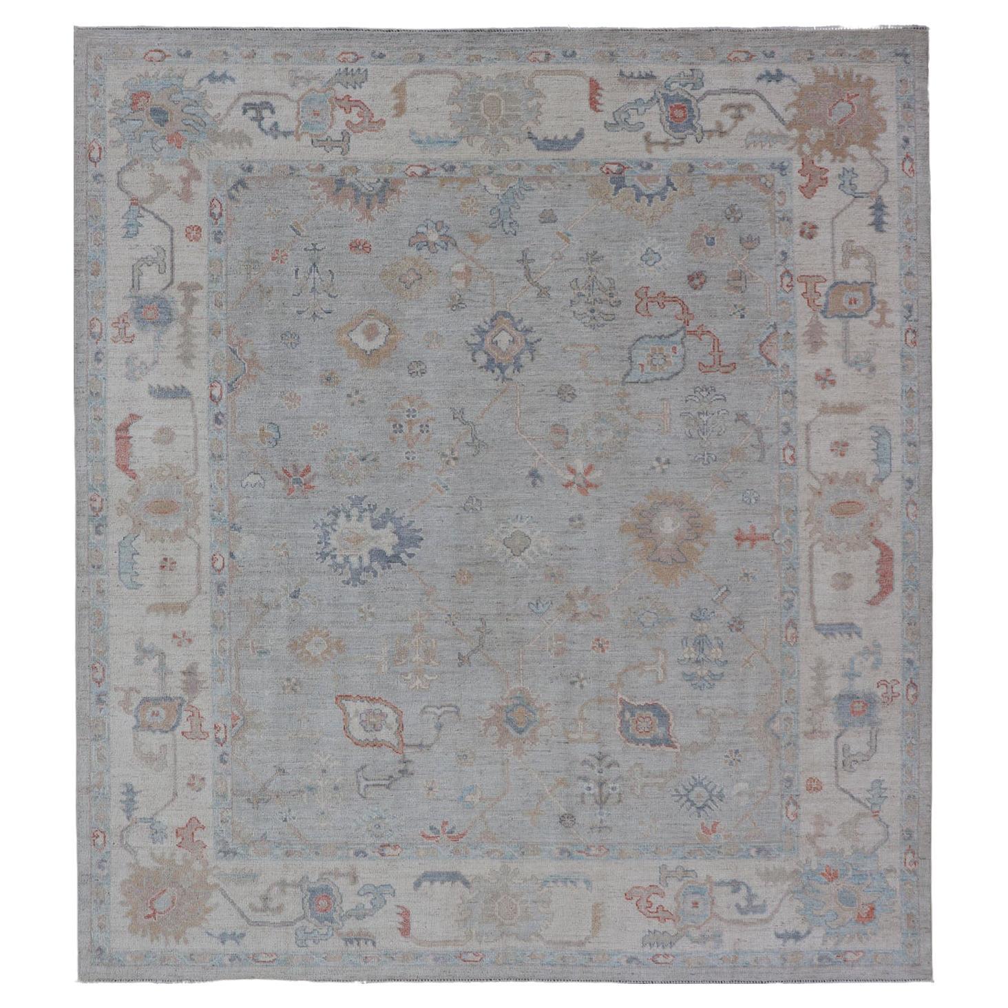 Modern All-Over Floral Oushak with a Light Gray Background With Delicate Accents