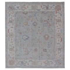 Modern All-Over Floral Oushak with a Light Gray Background With Delicate Accents