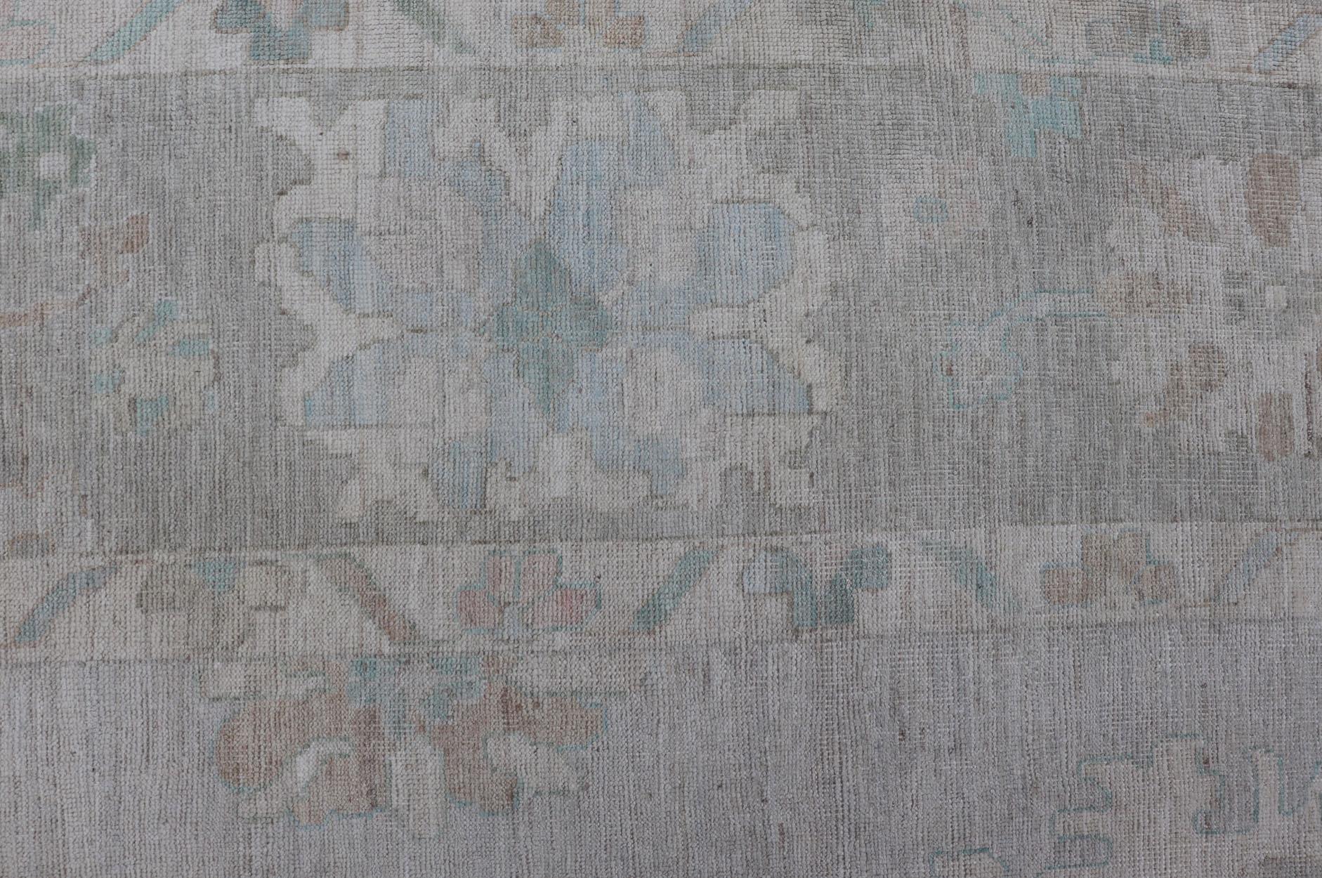 Contemporary Modern All-Over Floral Oushak with Light Gray Background and Muted Colors For Sale