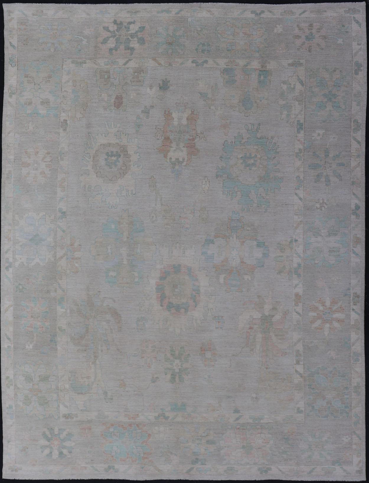 Modern All-Over Floral Oushak with Light Gray Background and Muted Colors For Sale