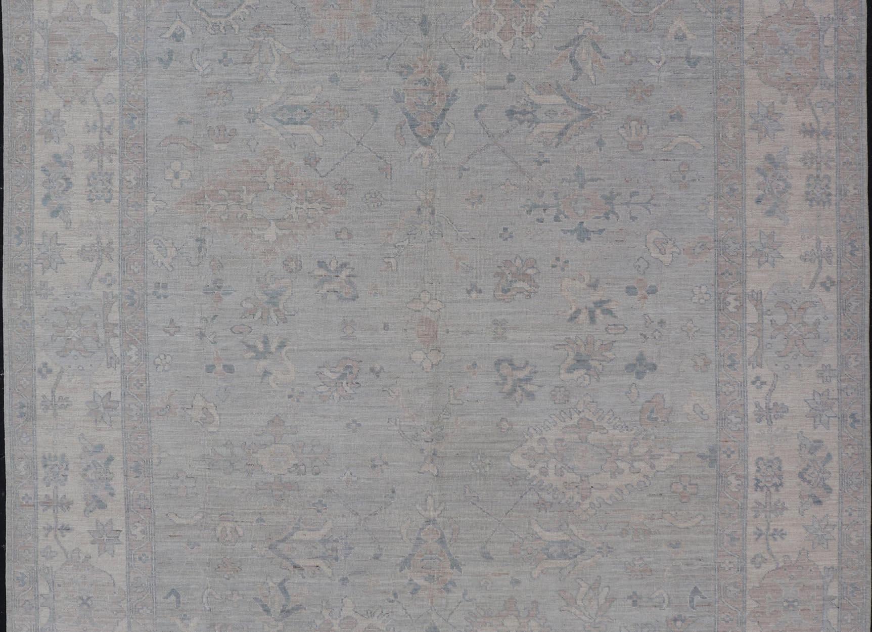 Contemporary Modern All-Over Floral Oushak with Light Gray Background And Neutral Colors  For Sale