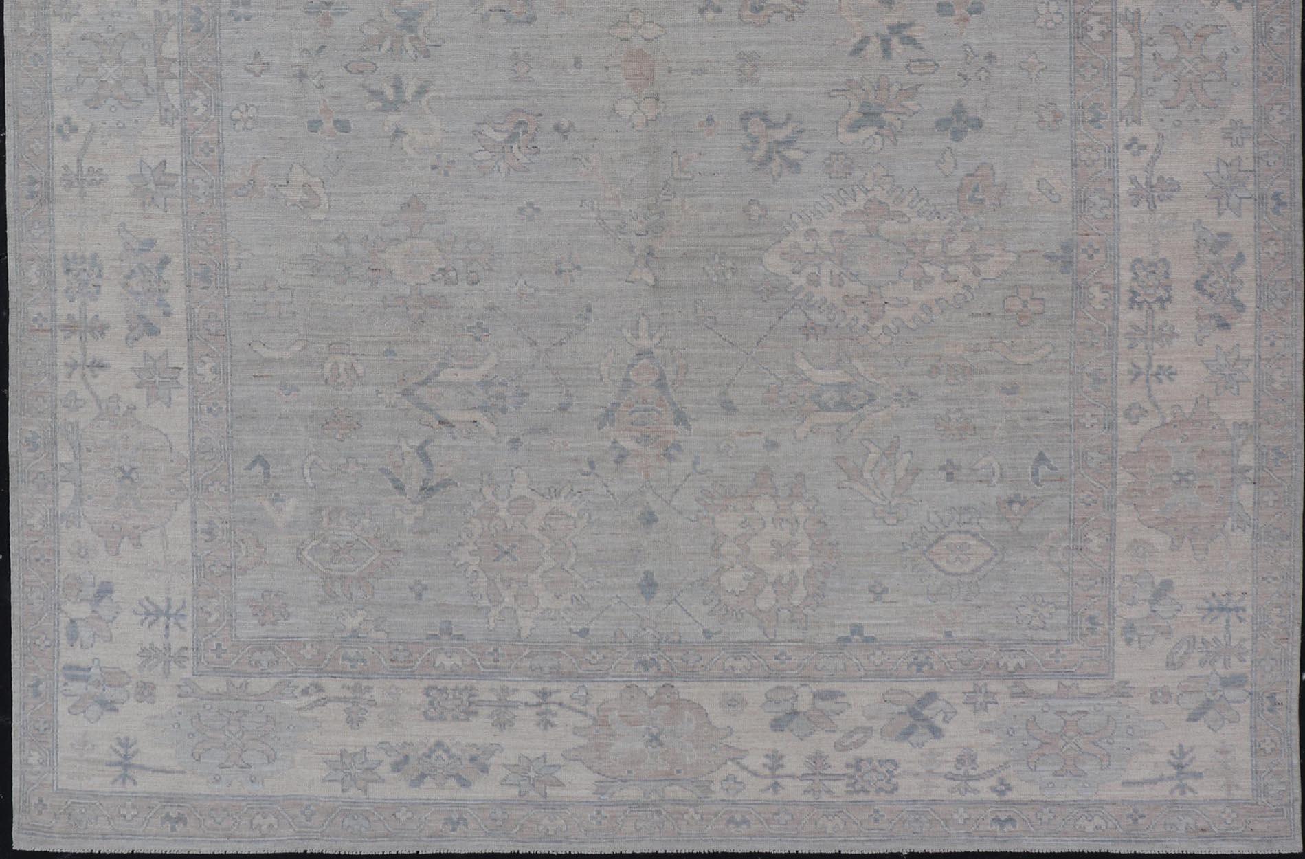 Wool Modern All-Over Floral Oushak with Light Gray Background And Neutral Colors  For Sale