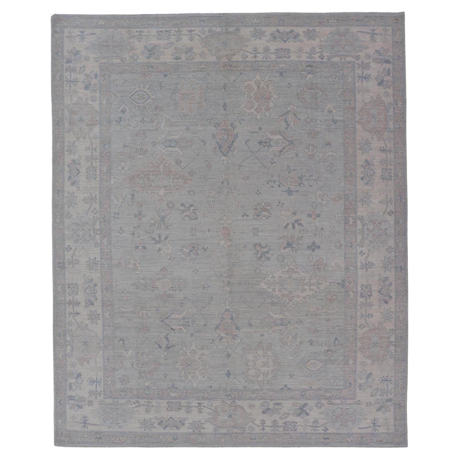 Modern All-Over Floral Oushak with Light Gray Background And Neutral Colors  For Sale