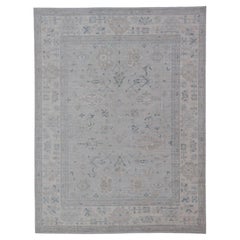 Large Modern Oushak Rug with All-Over Floral Motifs in Neutrals & Soft Colors