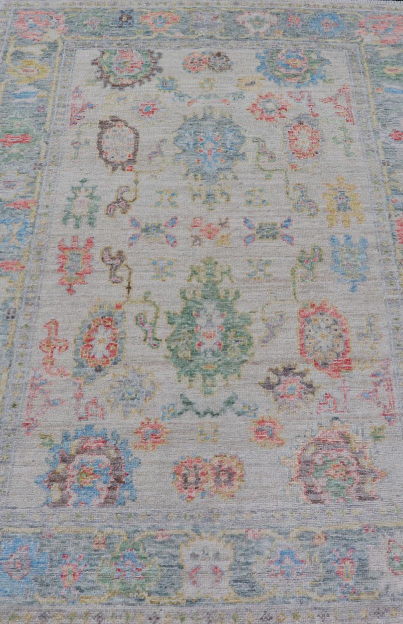 Modern All-Over Floral Oushak with Muted Background and Accent Colors For Sale 3