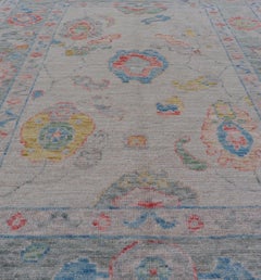 Modern All-Over Floral Oushak with Muted Background and Accent Colors