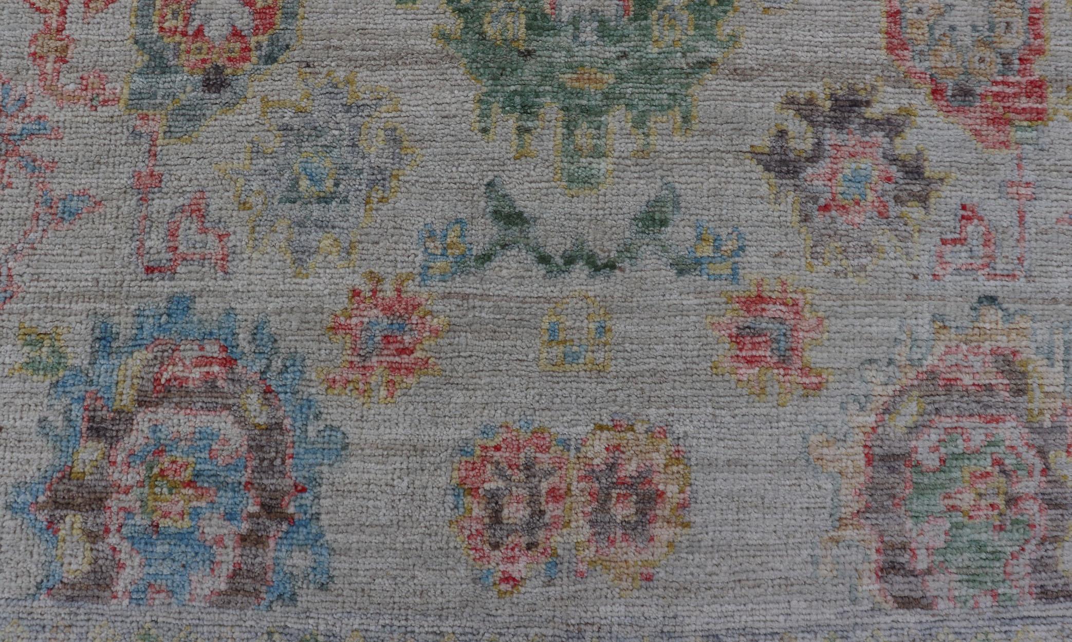 Hand-Knotted Modern All-Over Floral Oushak with Muted Background and Accent Colors For Sale