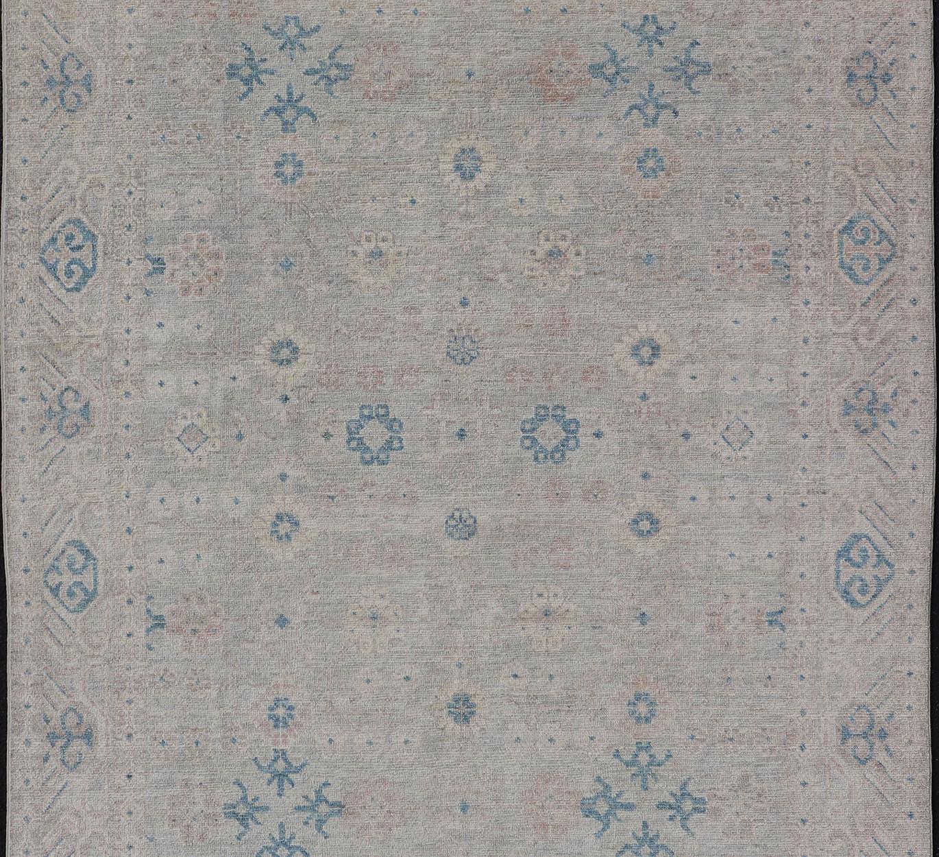 Modern All-Over Modern Khotan Rug with Light Background and Blue Colors For Sale 1