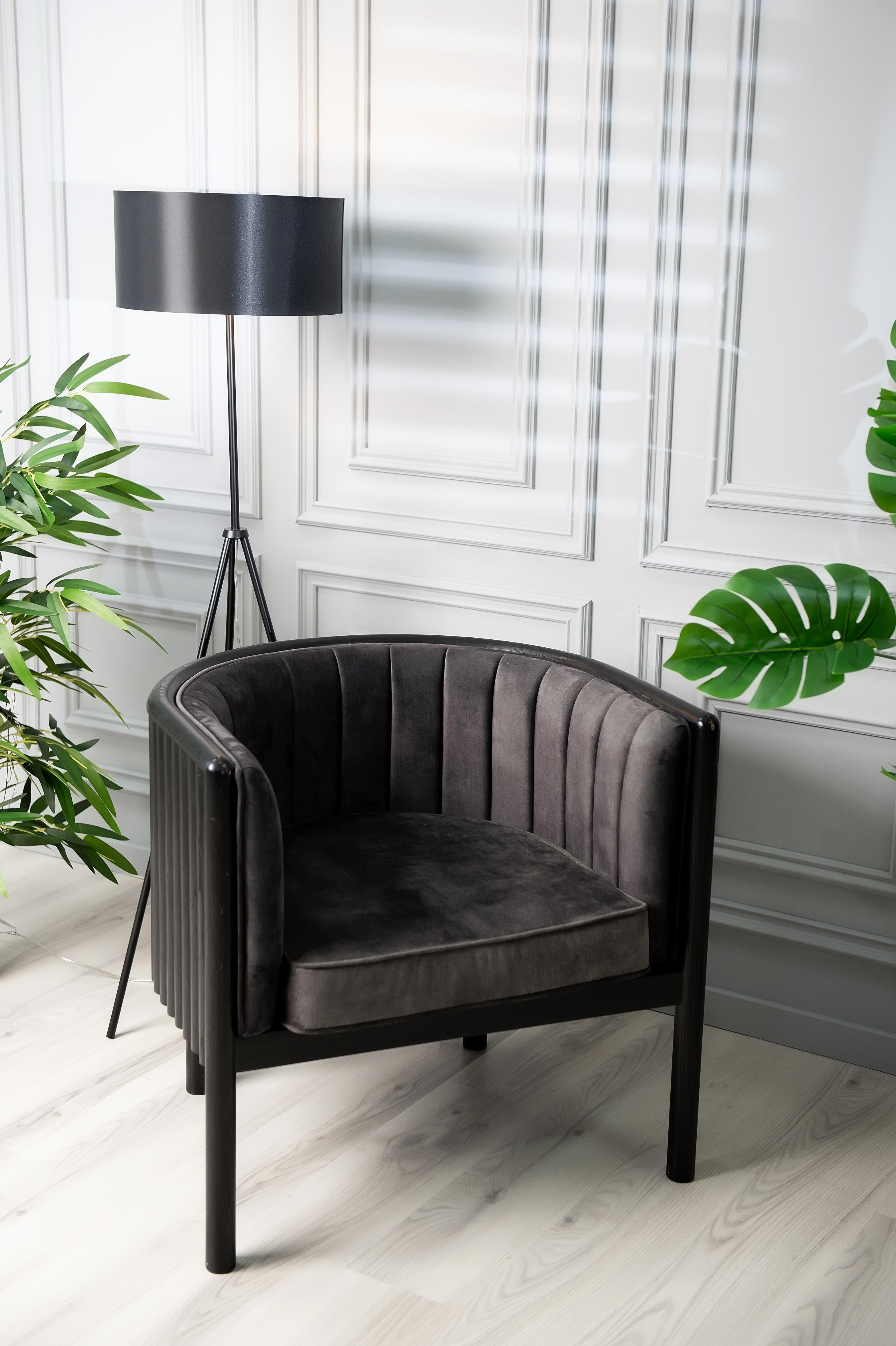 Modern Alton Armchair in Black Wood and Grey Material In New Condition For Sale In Naperville, IL