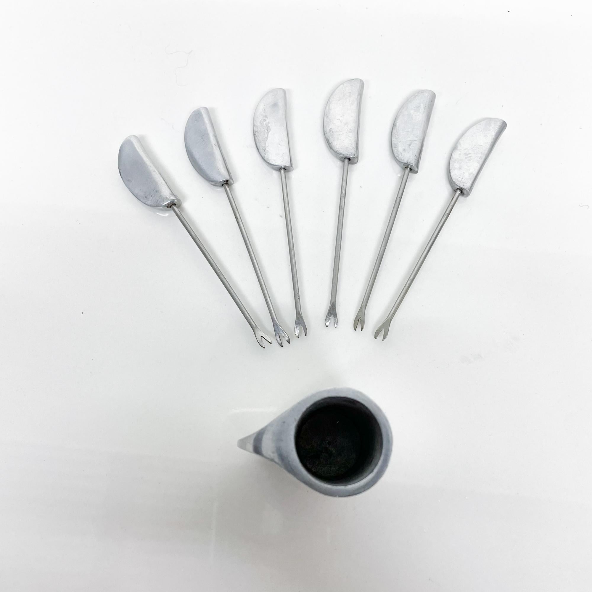 Late 20th Century Modern Aluminum Appetizer Cutlery Flatware Forks Pick Sticks and Holder For Sale