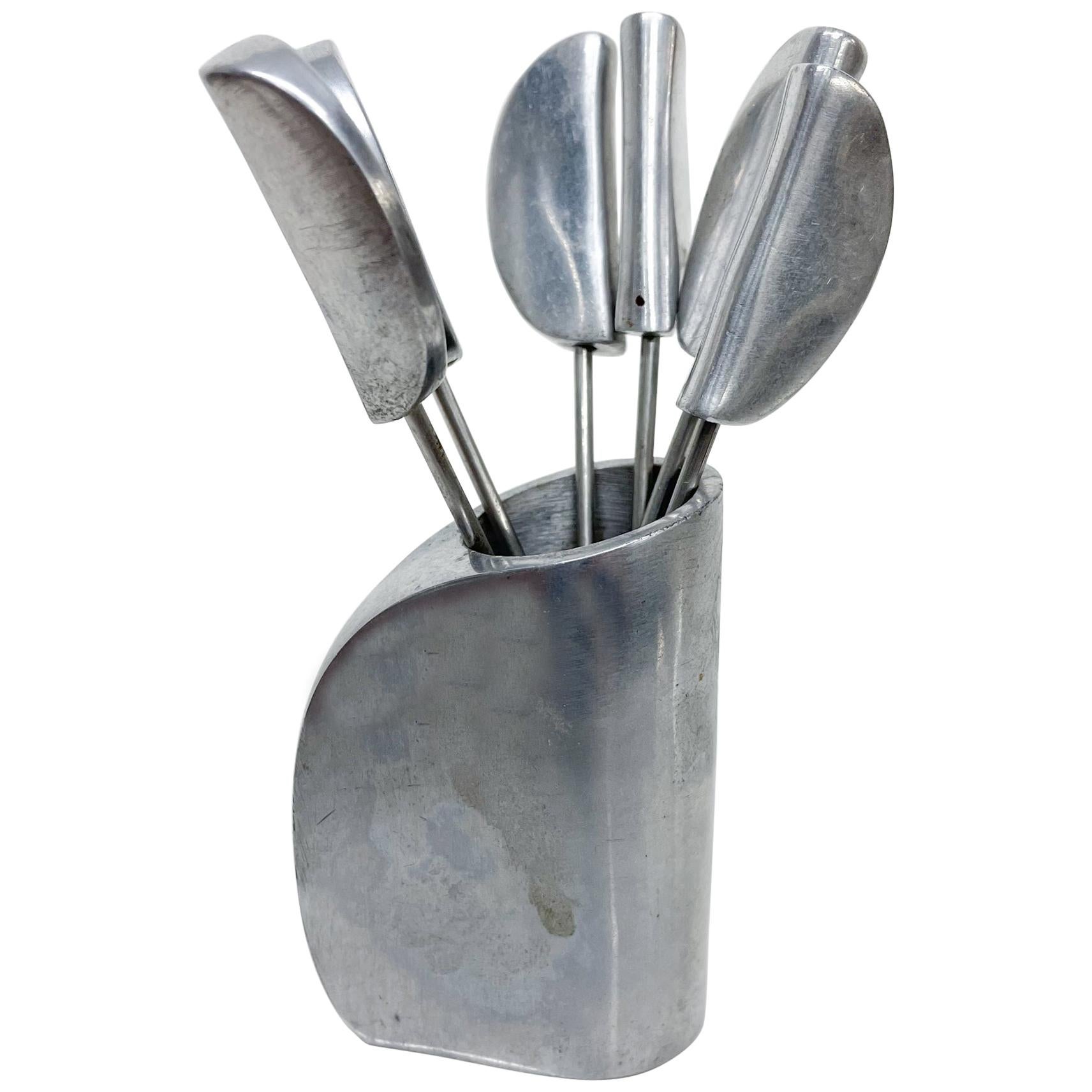 Modern Aluminum Appetizer Cutlery Flatware Forks Pick Sticks and Holder For Sale