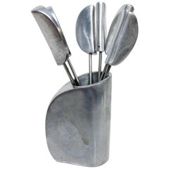Vintage Modern Aluminum Appetizer Cutlery Flatware Forks Pick Sticks and Holder