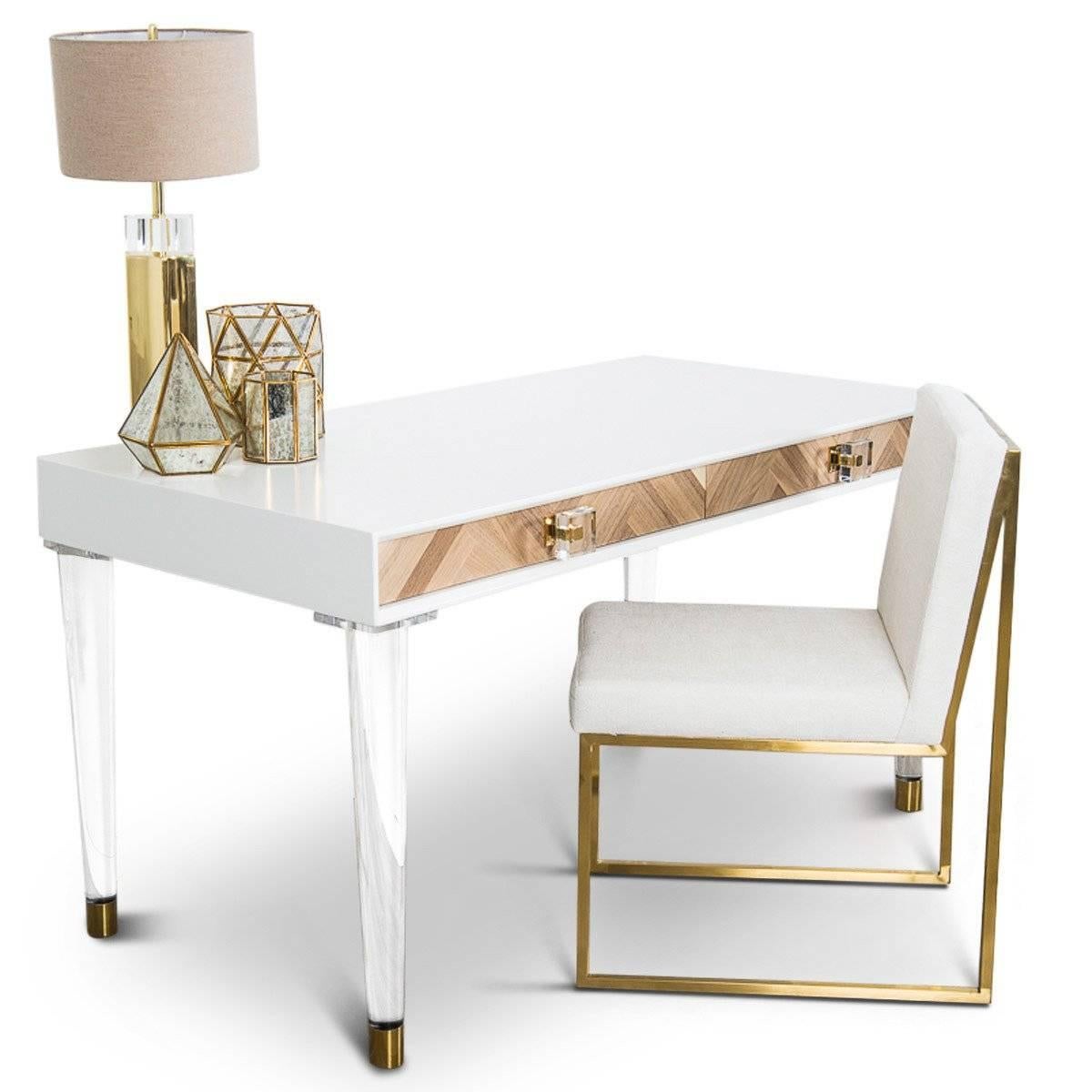 Freshen up the patterns in your office with our gorgeous Amalfi Desk finished with a matte white case and Lucite knobs. The natural patterns of the walnut wood show in the beautifully crafted drawers. This sits on top of our gorgeous new Lucite cone