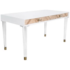 Modern Amalfi Two-Drawer Artisan Desk with Lucite & Brass Legs & Pulls in Walnut