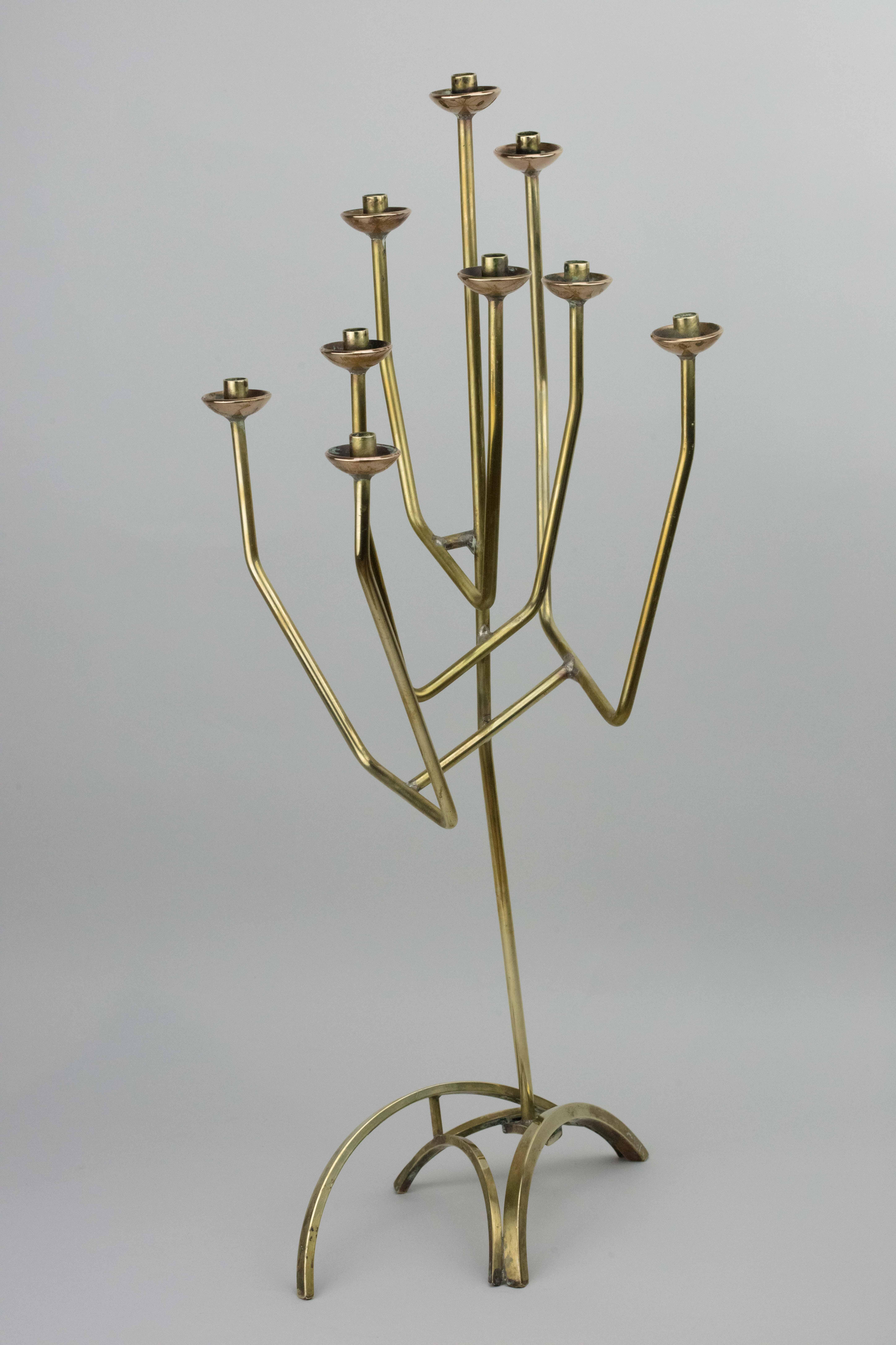 Handmade brass Hanukkah Lamp Menorah by Maxwell Chayat, USA, 1974.
Modern design, signed on the bottom: 