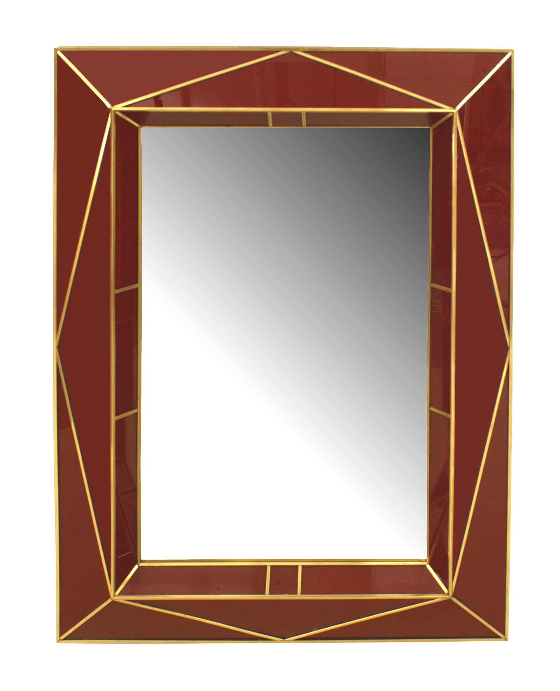 American Modern design wall mirror with red colored geometric faceted glass frame with brass inlay. Color and size can be customized, please inquire. 