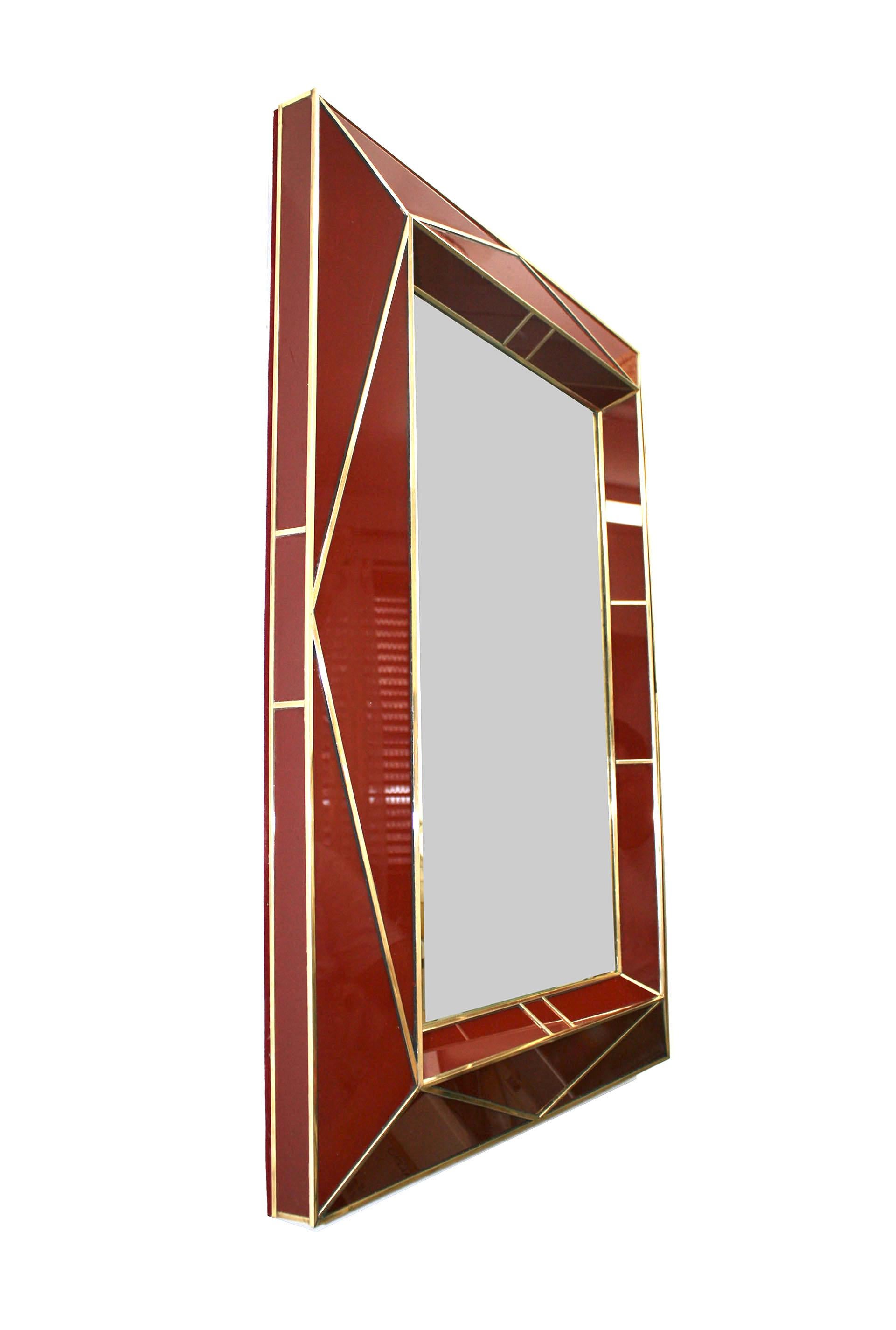 American Custom Contemporary Dark Red Faceted Glass and Brass Wall Mirror 