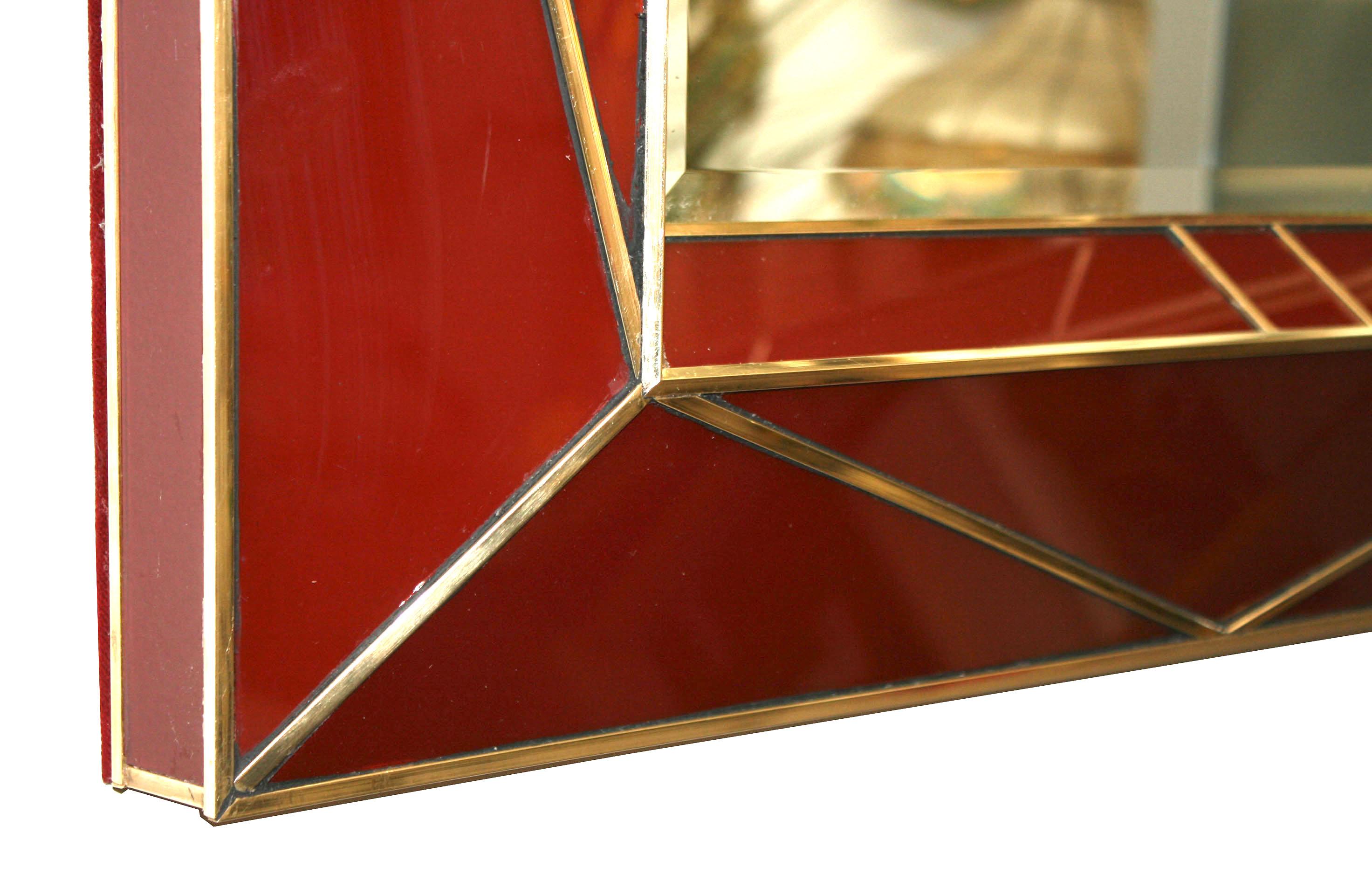 Custom Contemporary Dark Red Faceted Glass and Brass Wall Mirror  In Good Condition In New York, NY