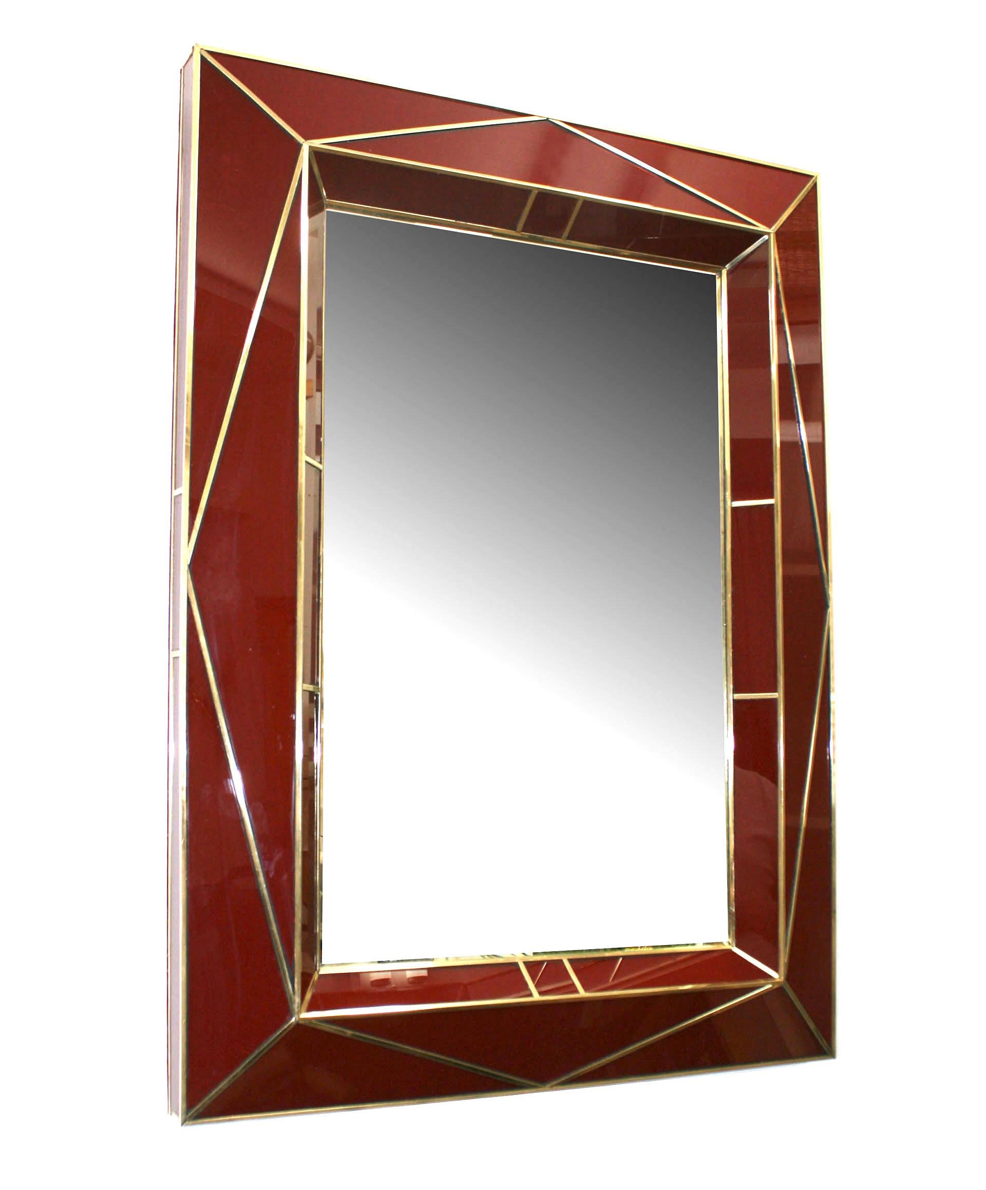 Post-Modern Custom Contemporary Dark Red Faceted Glass and Brass Wall Mirror 