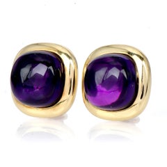 Modern Amethyst Cabochon 18K Yellow Gold Clip On Earrings