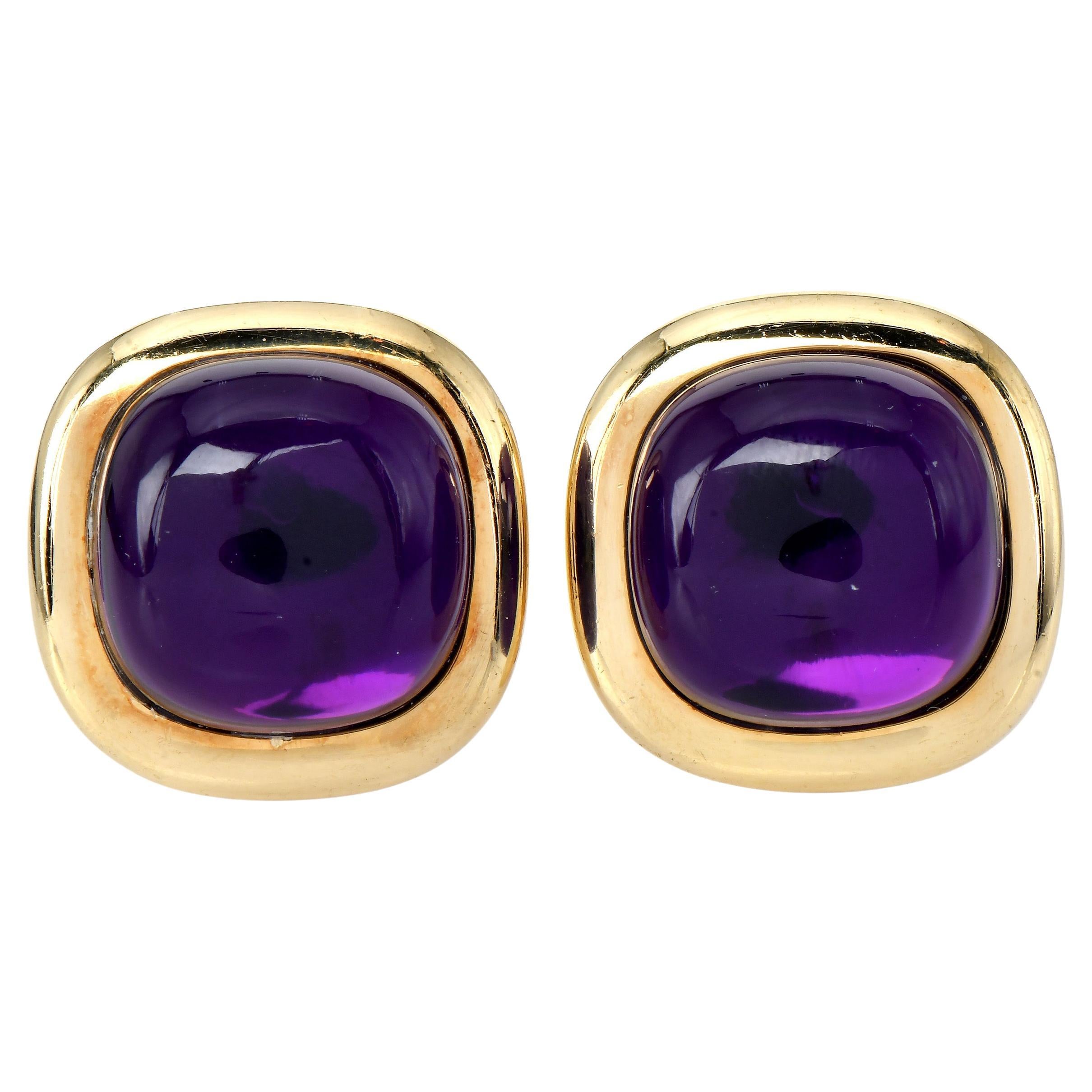 Modern Amethyst Cabochon 18K Yellow Gold Clip On Earrings