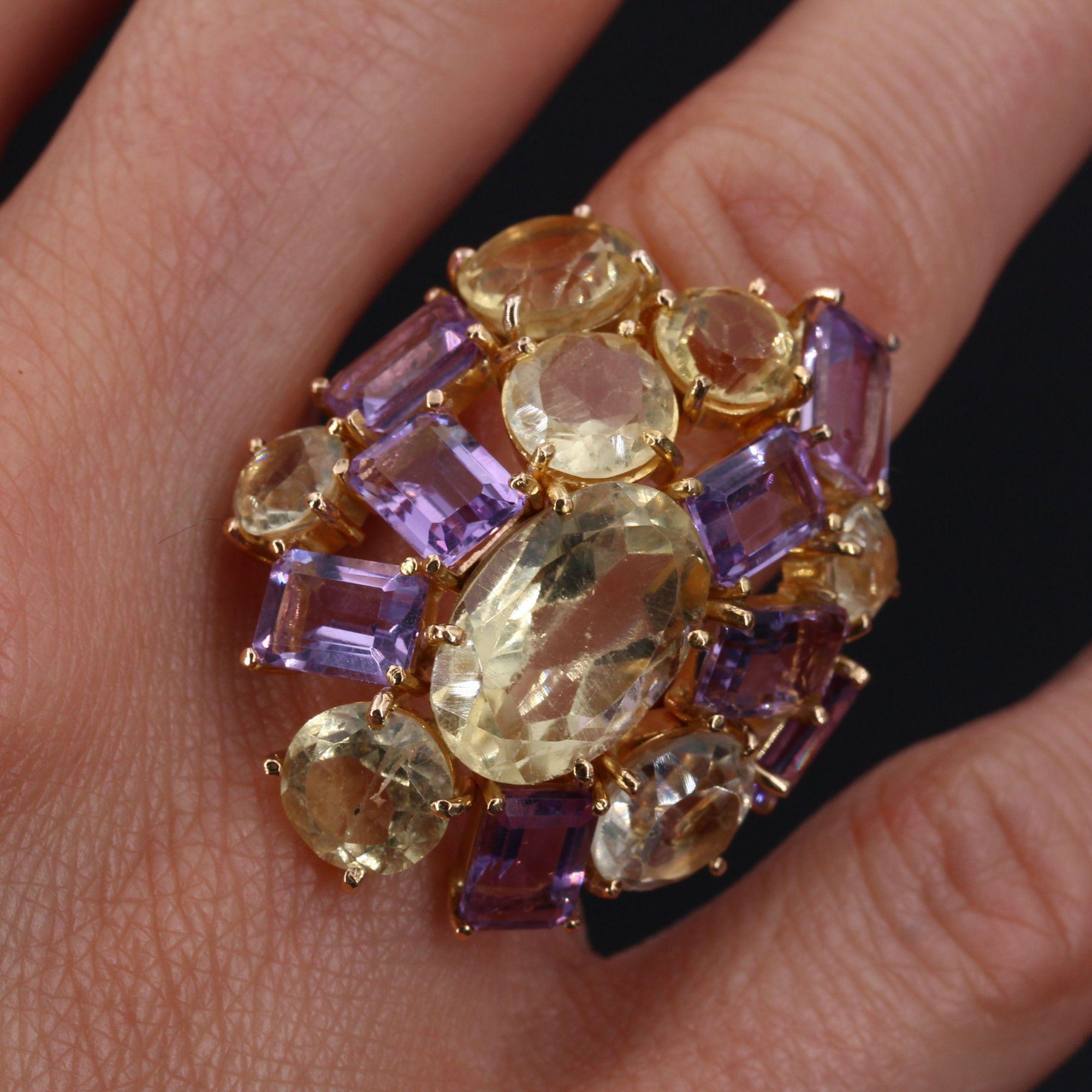 Modern Amethyst Citrine 18 Karat Yellow Gold Cocktail Ring In Excellent Condition For Sale In Poitiers, FR