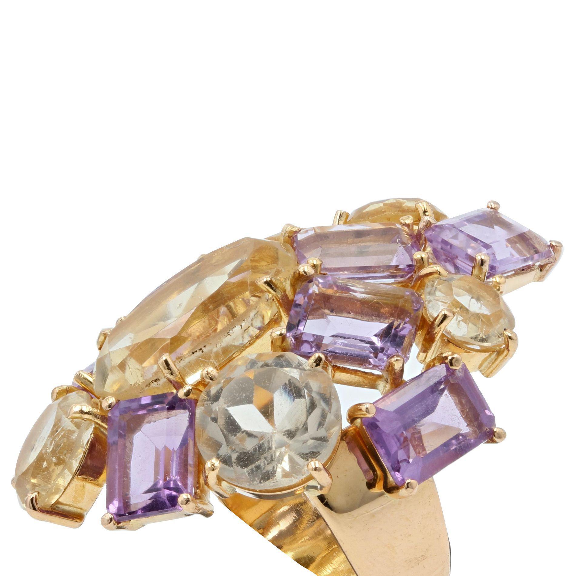 Modern Amethyst Citrine 18 Karat Yellow Gold Cocktail Ring For Sale 1