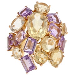 Anillo Cóctel Moderno Amatista Citrino Oro Amarillo 18 Kilates