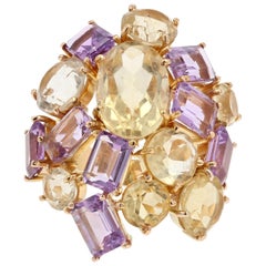 Modern Amethyst Citrine 18 Karat Yellow Gold Cocktail Ring