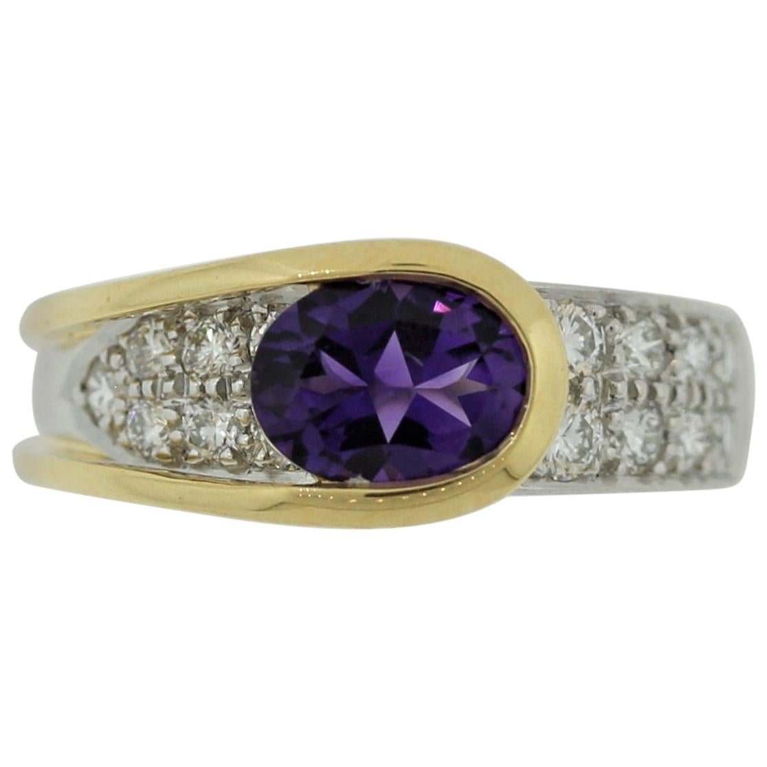 Modern Amethyst Diamond Platinum and Gold Two-Tone Ring For Sale