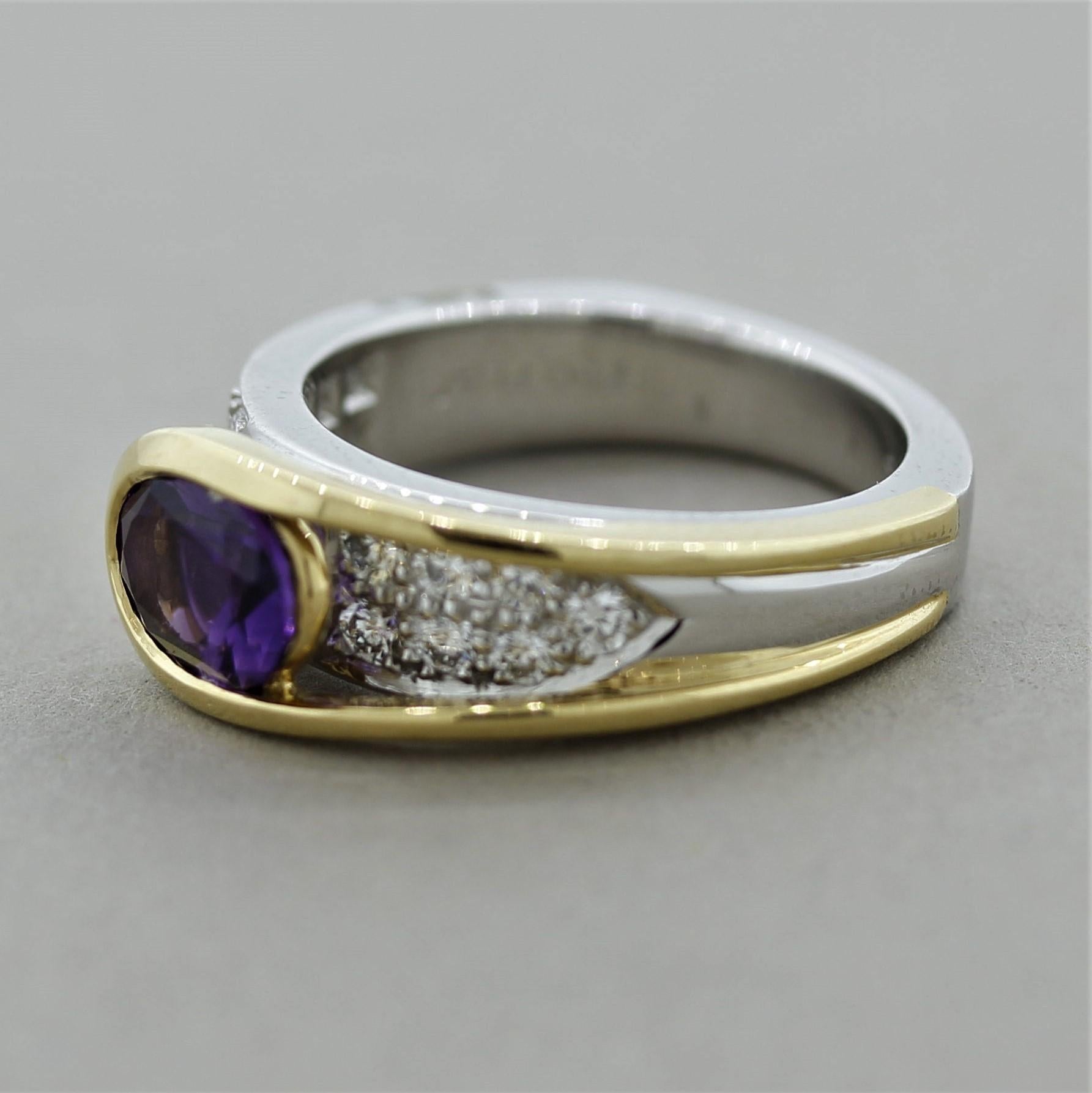 Mixed Cut Modern Amethyst Diamond Platinum and Gold Two-Tone Ring For Sale