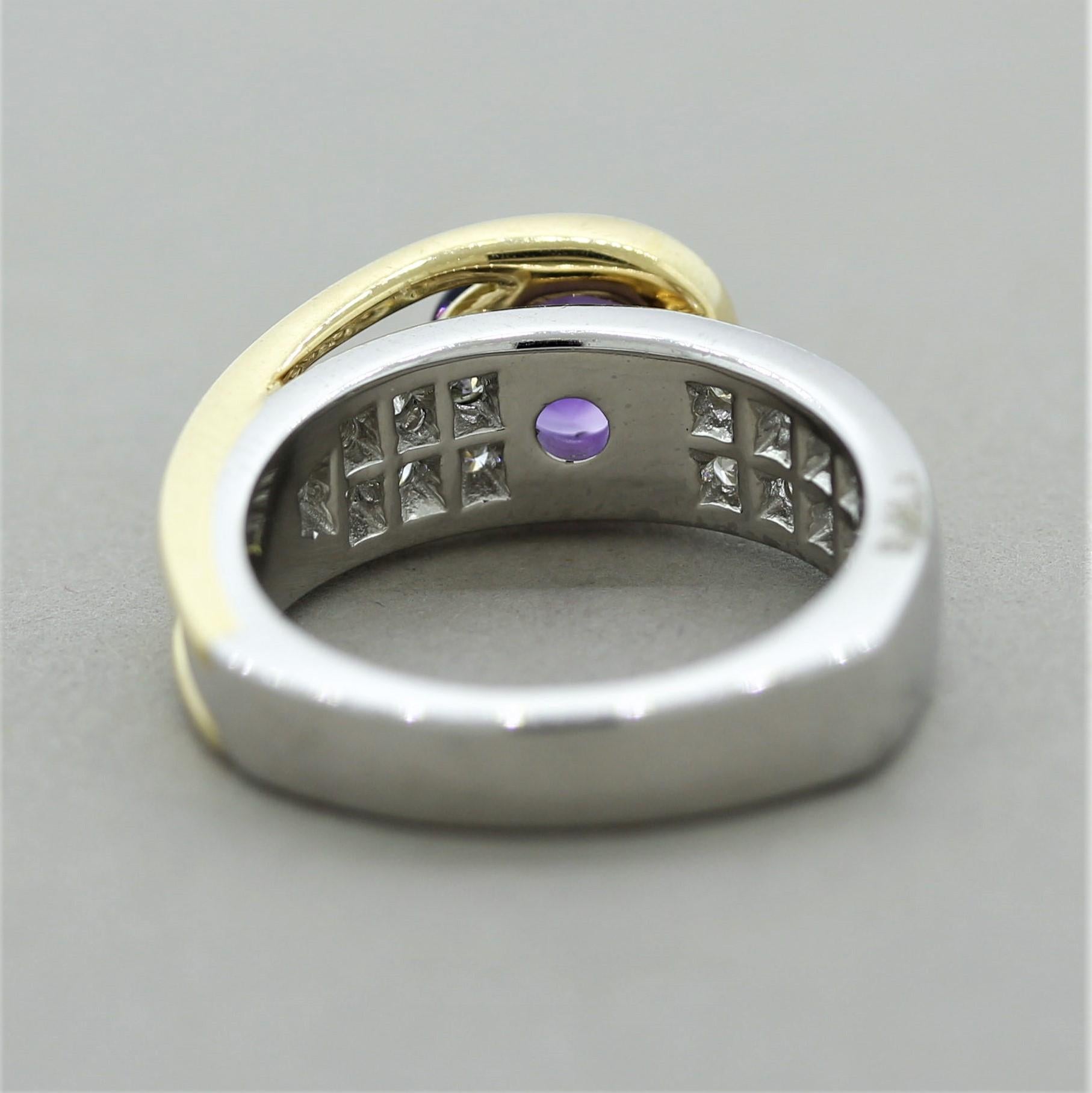 Modern Amethyst Diamond Platinum and Gold Two-Tone Ring In New Condition For Sale In Beverly Hills, CA