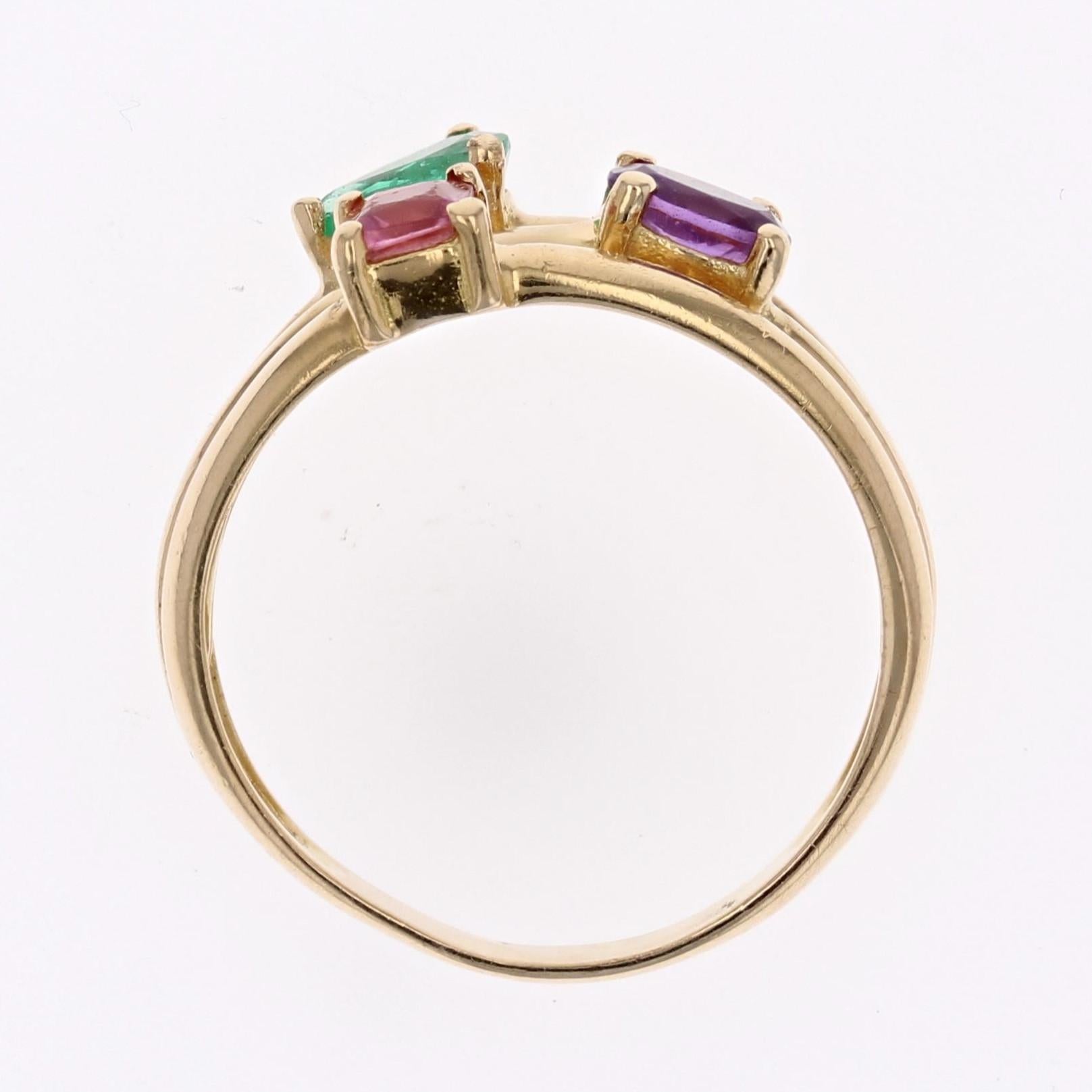 Modern Amethyst Emerald Tourmaline 18 Karat Yellow Gold Ring 7