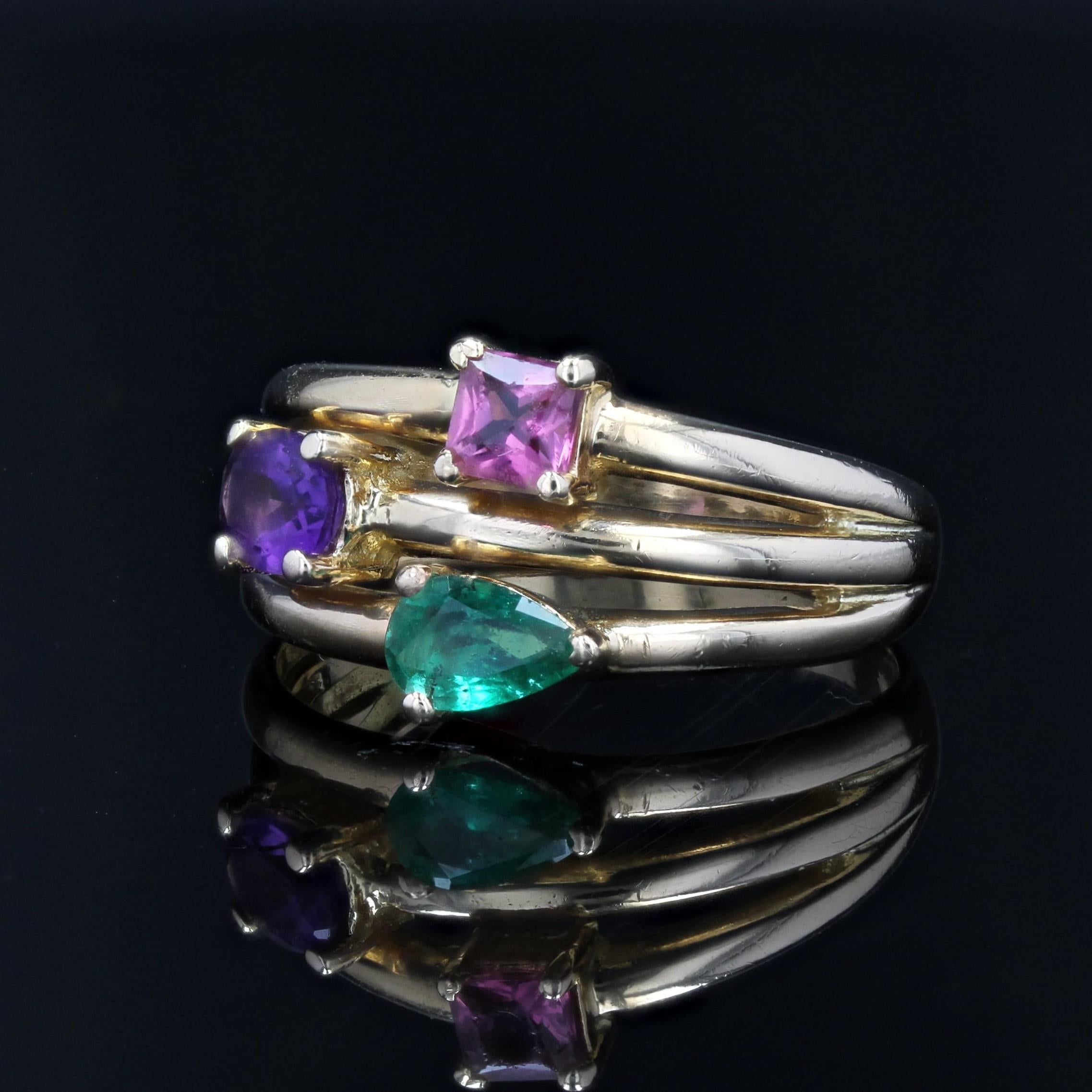 Women's Modern Amethyst Emerald Tourmaline 18 Karat Yellow Gold Ring