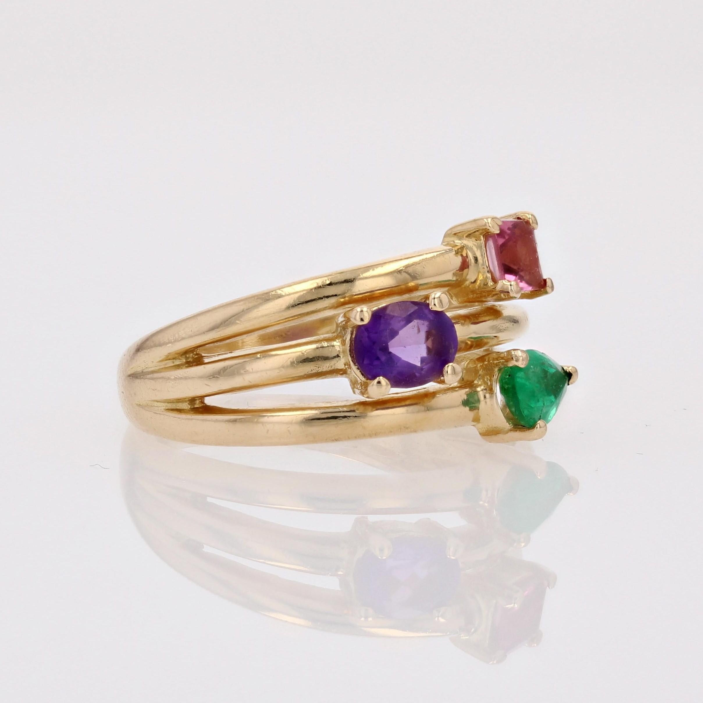 Modern Amethyst Emerald Tourmaline 18 Karat Yellow Gold Ring 3