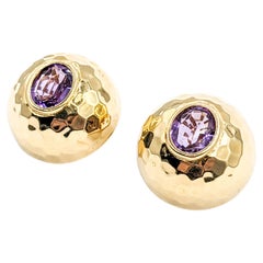 Retro Modern Amethyst Hammered Clip On Earrings in 14K Gold