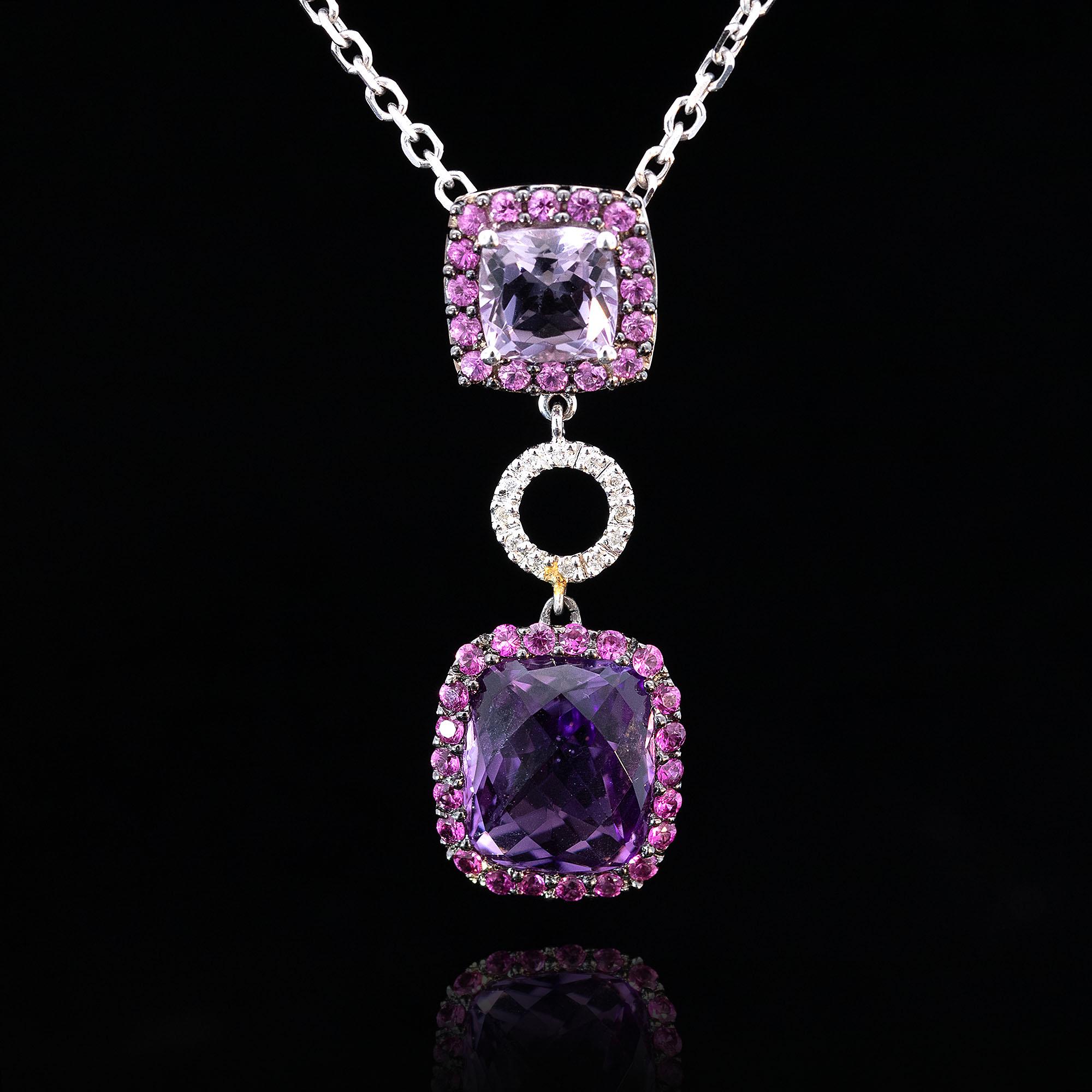 Modern Amethyst, Pink Sapphire & Diamond Pendant Circa 2000s For Sale 3