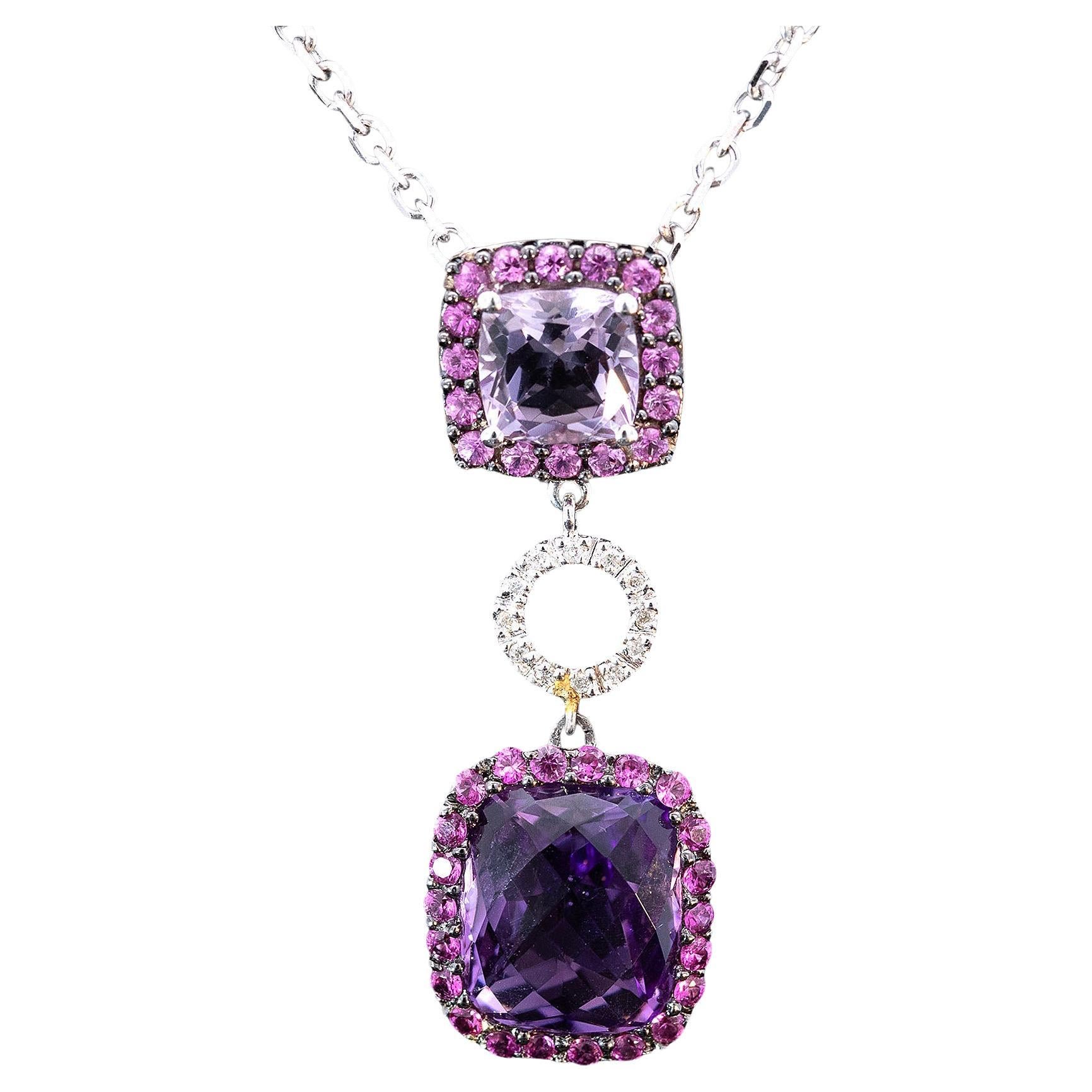 Modern Amethyst, Pink Sapphire & Diamond Pendant Circa 2000s For Sale